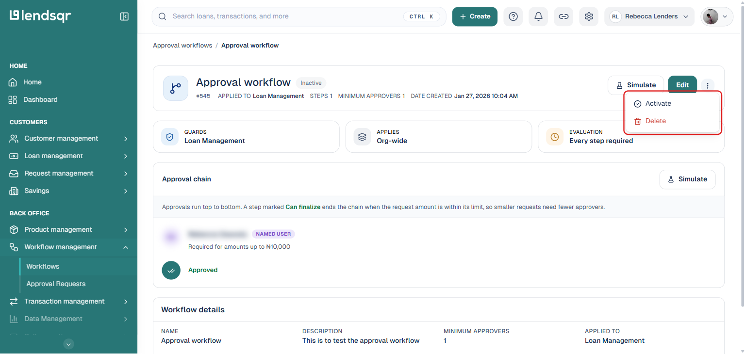 Lendsqr admin console workflow detail page with the More actions menu open and the Activate option highlighted