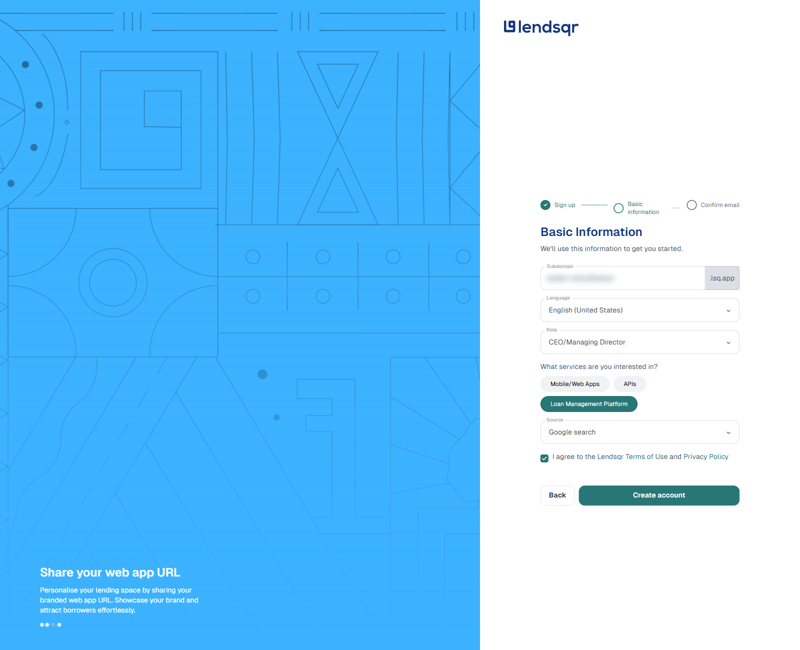 Lendsqr sign-up wizard Basic Information step showing Subdomain, Language, Role, services, Source, and terms checkbox fields