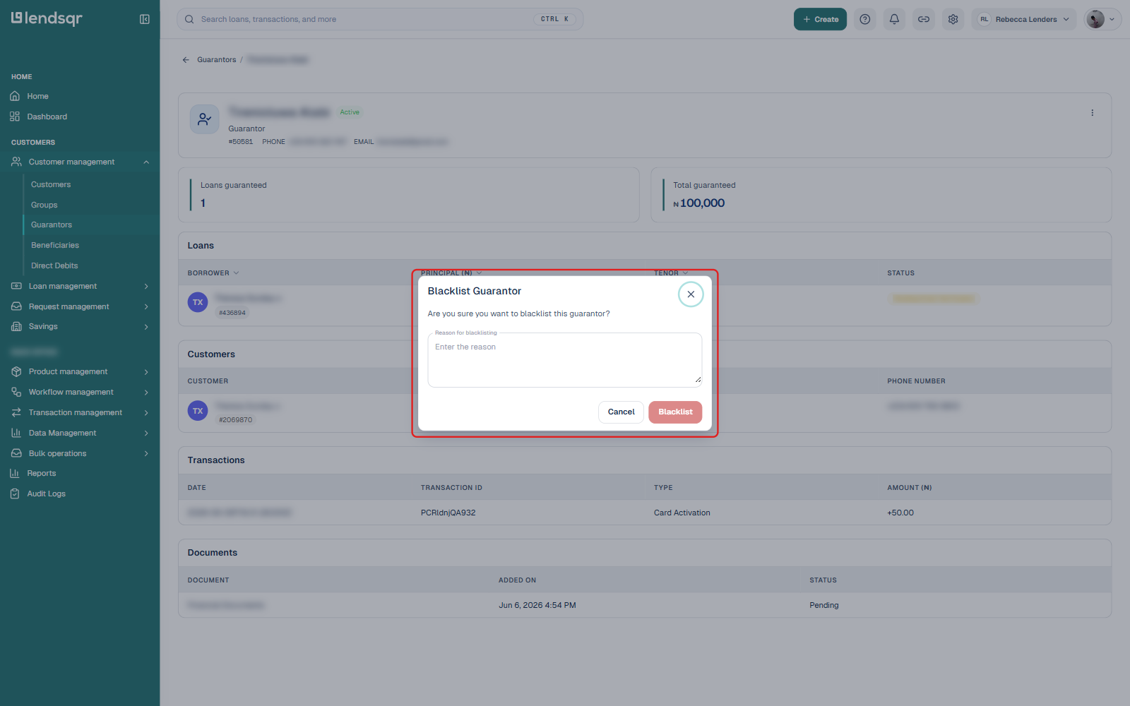 Blacklist Guarantor confirmation dialog with a reason field and Blacklist button
