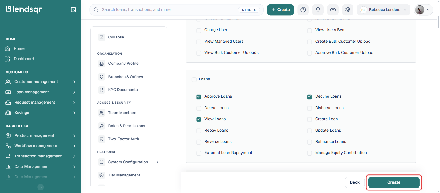 Lendsqr admin console Create a role form with the Create button highlighted