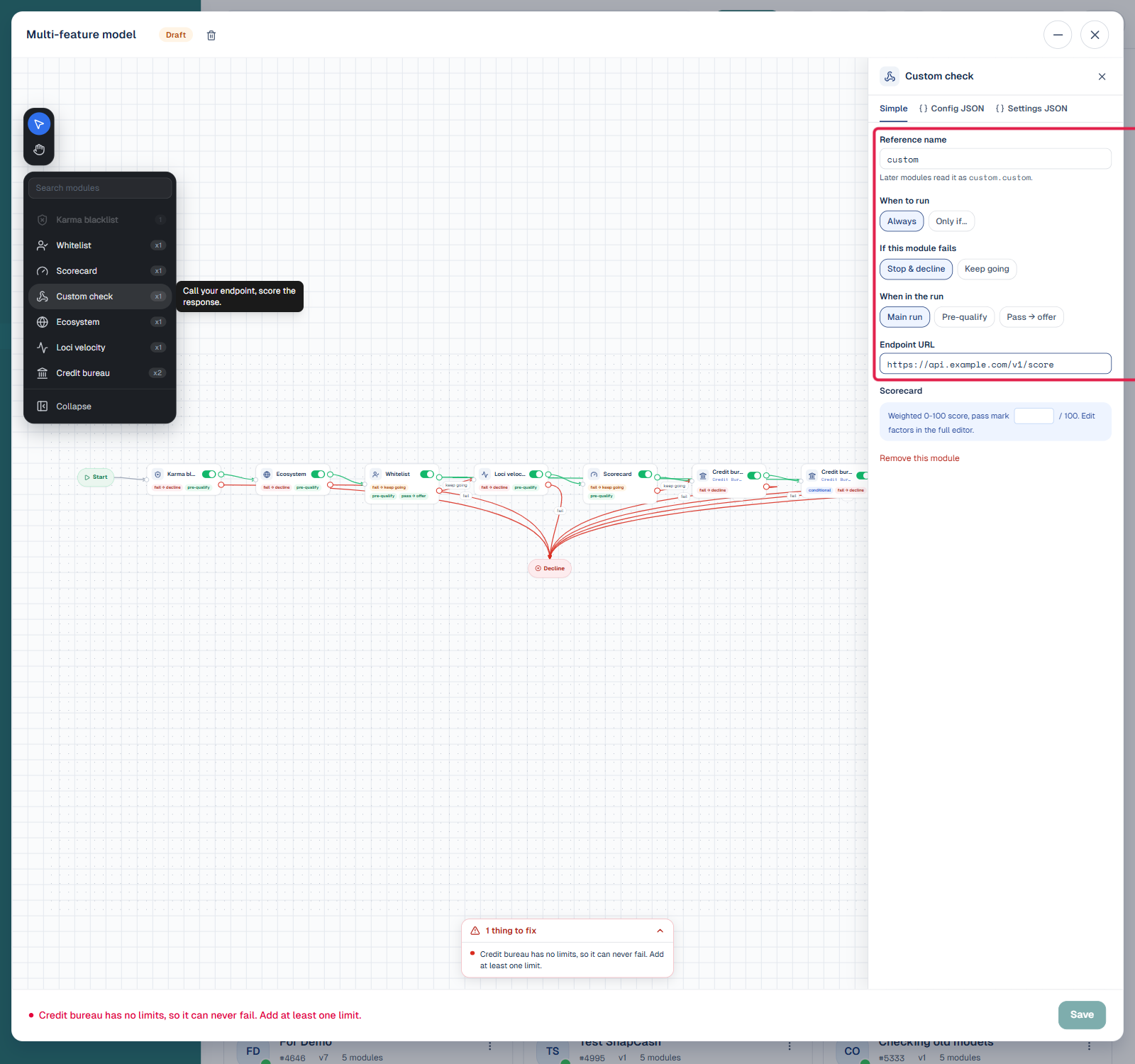 Custom check module configuration panel showing Reference name, When to run, failure behavior, run stage, Endpoint URL, and Scorecard pass mark fields