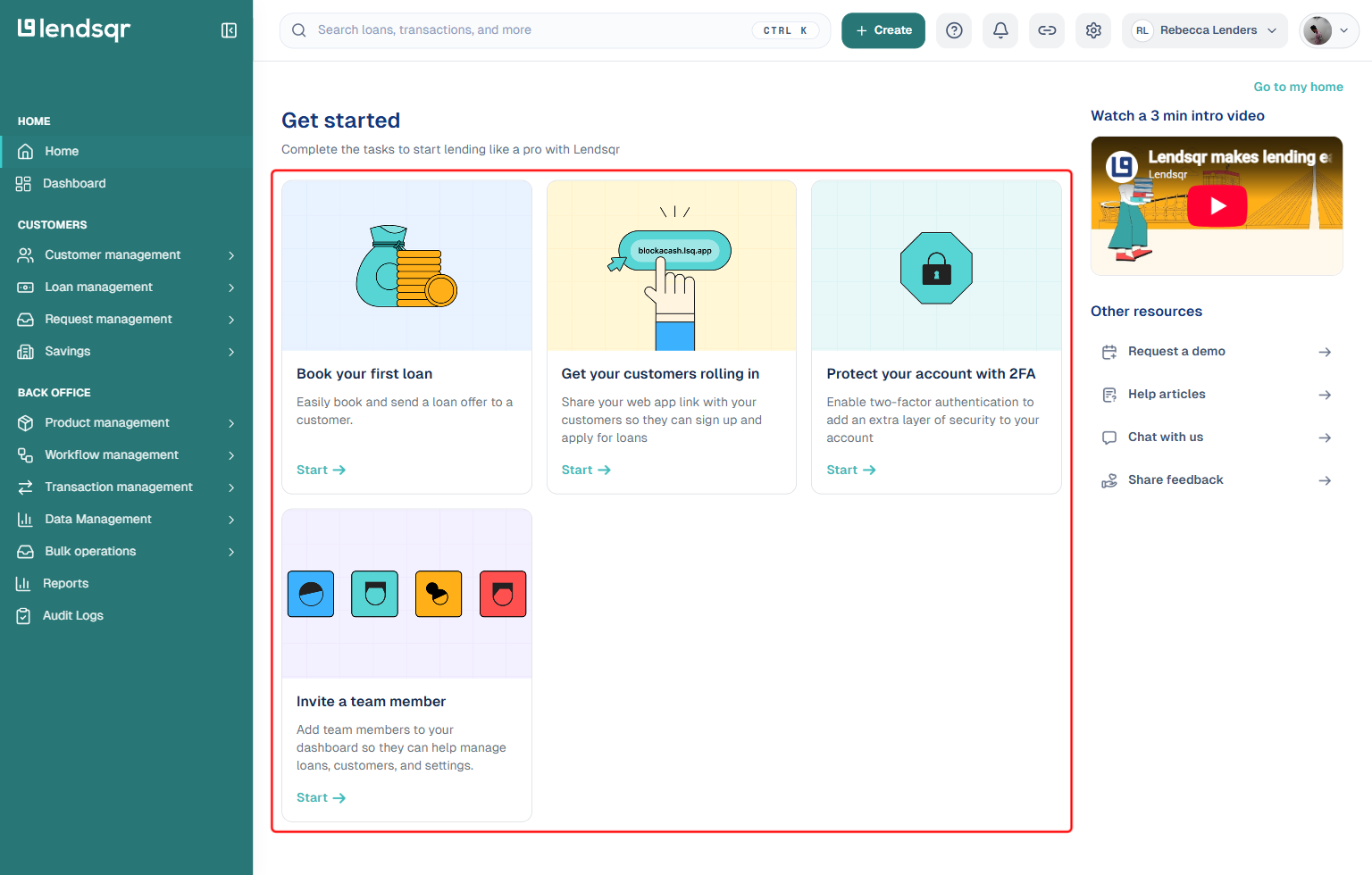 Lendsqr admin console Get Started checklist highlighted, showing tasks to book a first loan, invite customers, enable 2FA, and invite a team member, with all card illustration icons loading correctly