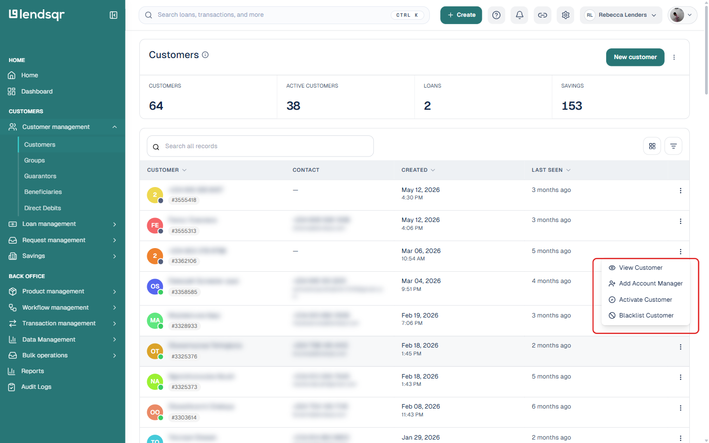 Three-dot menu open on a customer row in the customers list, showing View Customer, Deactivate Customer, and Blacklist Customer