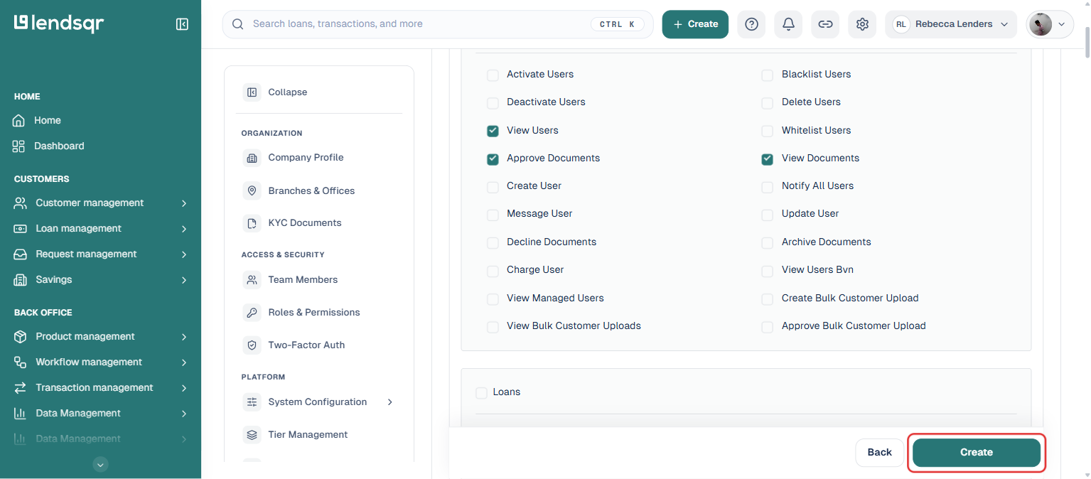 Lendsqr admin console Create a role form showing permission checkboxes with a few selected, and the Create button highlighted