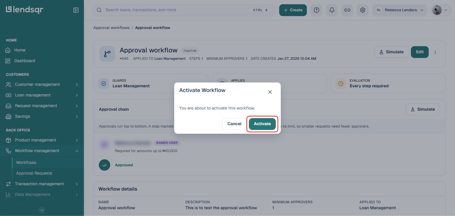 Lendsqr admin console Activate Workflow confirmation dialog with the Activate button highlighted