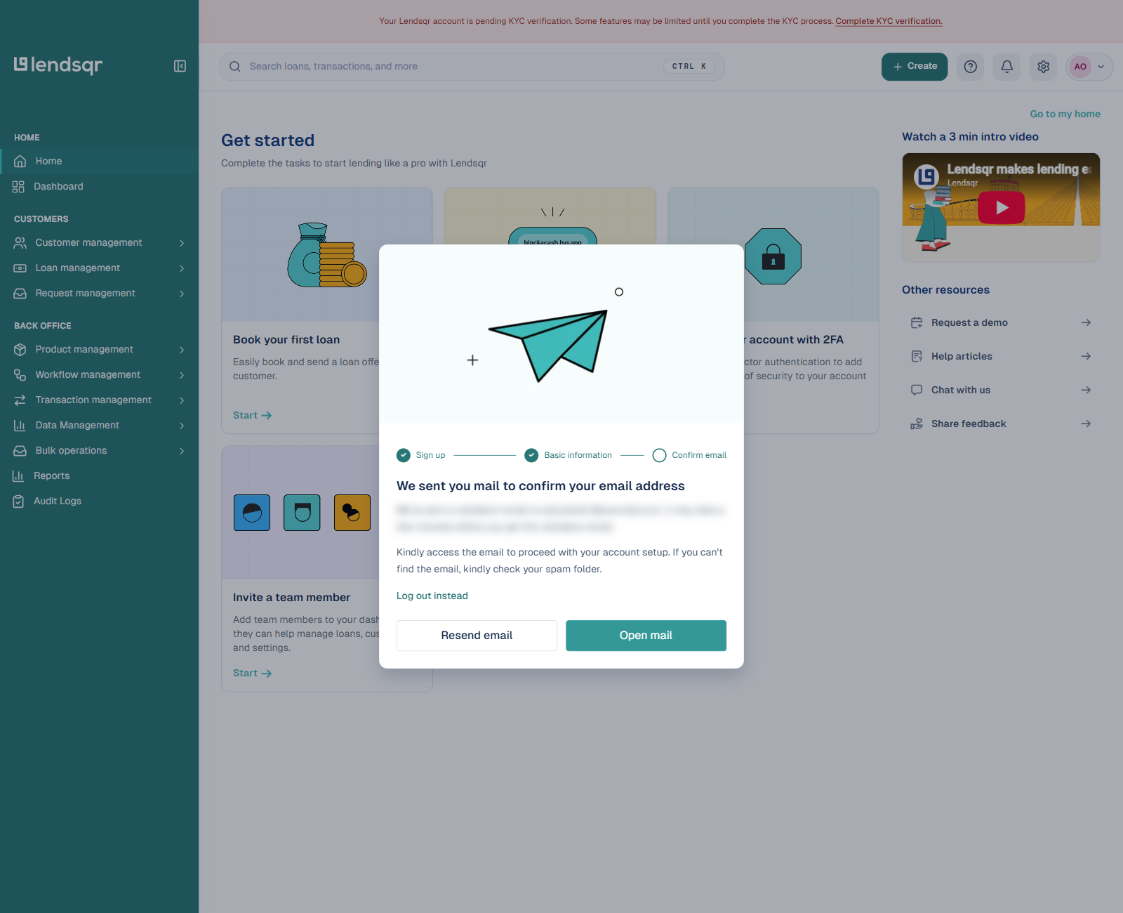 Lendsqr admin console Confirm email dialog showing the three-stage progress indicator and a message that a validation email has been sent, with the recipient email address blurred