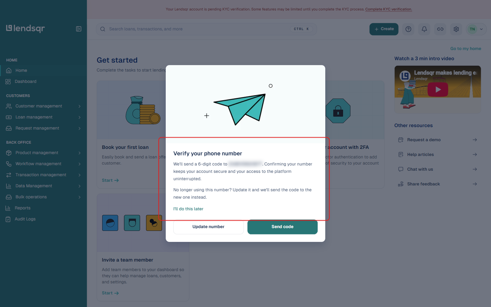 Verify your phone number dialog shown after account activation, offering to send a 6-digit code to the phone number on file, with Update number and Send code buttons and an I'll do this later link