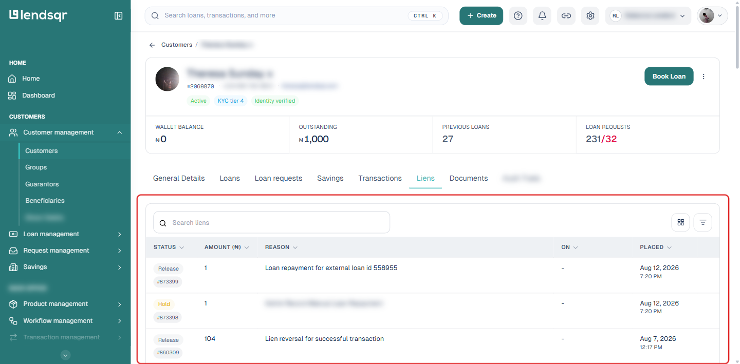Liens tab showing a list of lien placements and reversals for the customer