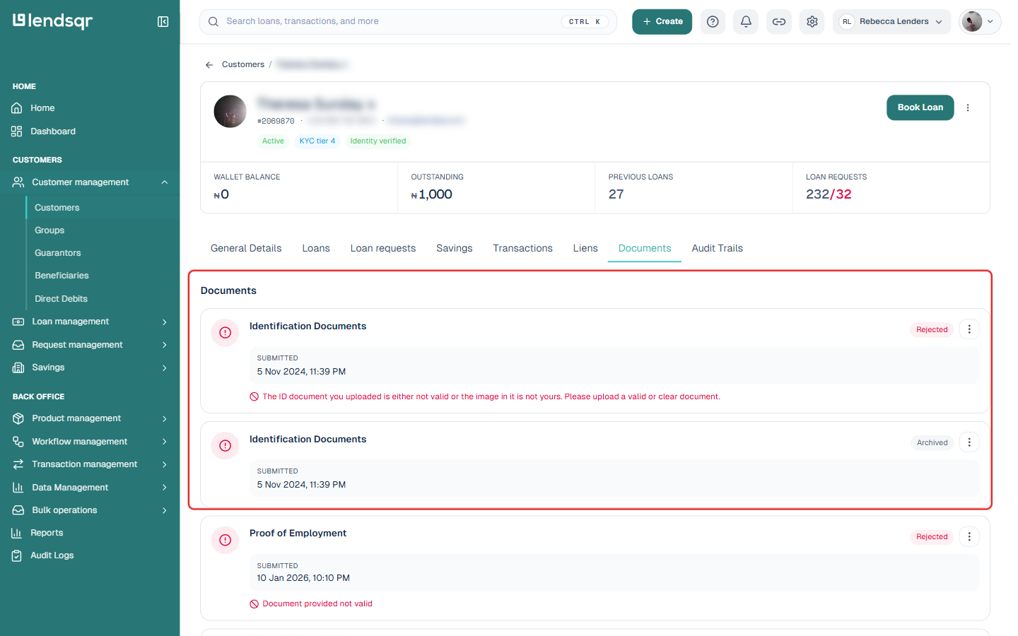 Documents tab on a customer profile listing uploaded documents with their submitted date and review status