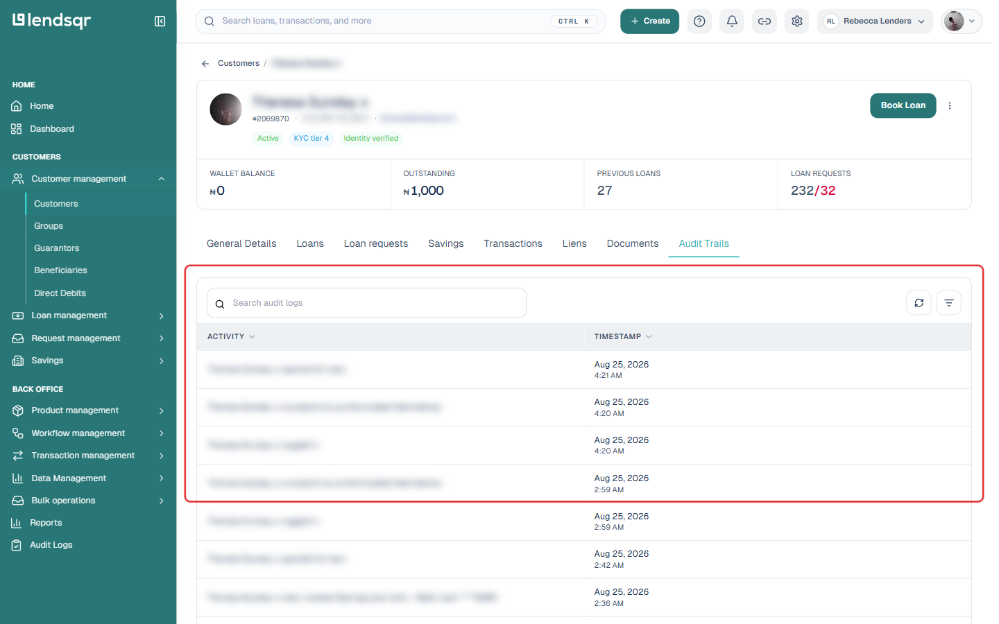 Audit Trails tab showing a timestamped activity log for the customer