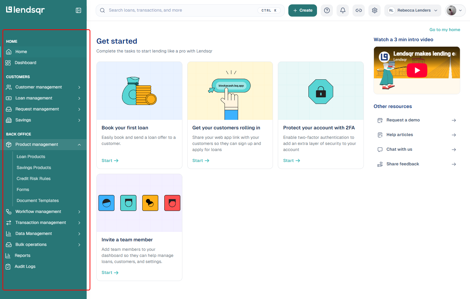 Lendsqr admin console sidebar with Back office expanded and Product management further expanded, showing Loan Products, Savings Products, Credit Risk Rules, Forms, and Document Templates, plus Workflow management, Transaction management, Data Management, Bulk operations, Reports, and Audit Logs