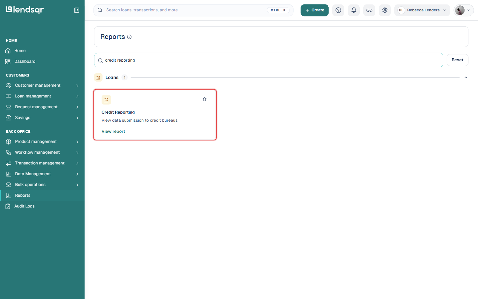 Reports page search results showing the Credit Reporting report card highlighted
