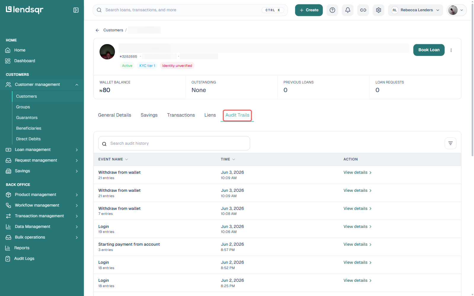 Customer profile page with the Audit Trails tab highlighted, listing event name, time, and a view details action