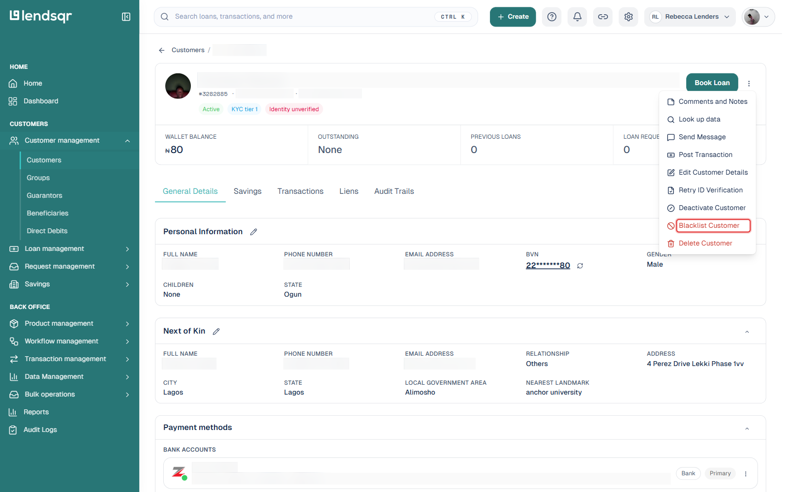 Customer profile more actions menu with Blacklist Customer option highlighted