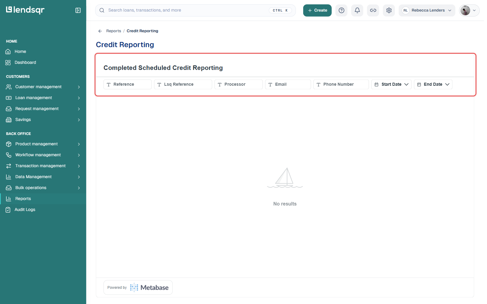 Completed Scheduled Credit Reporting report with Reference, Processor, Email, Phone Number and date filters highlighted