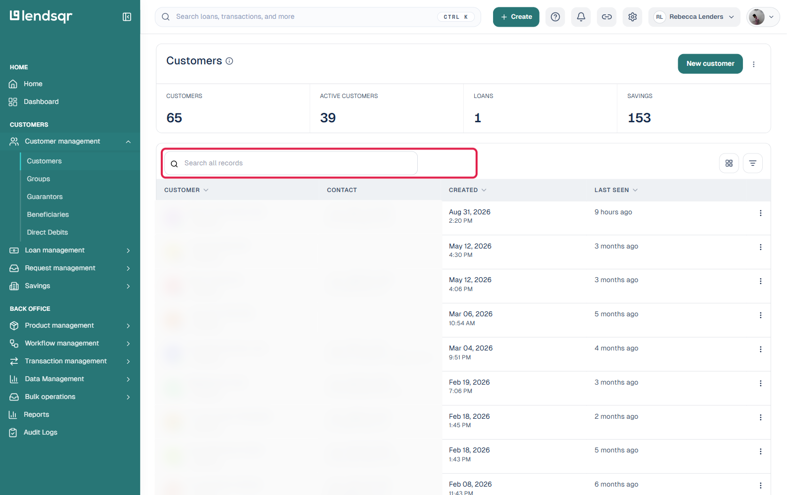 The Customers list with the search box and filter controls, used to locate a specific customer
