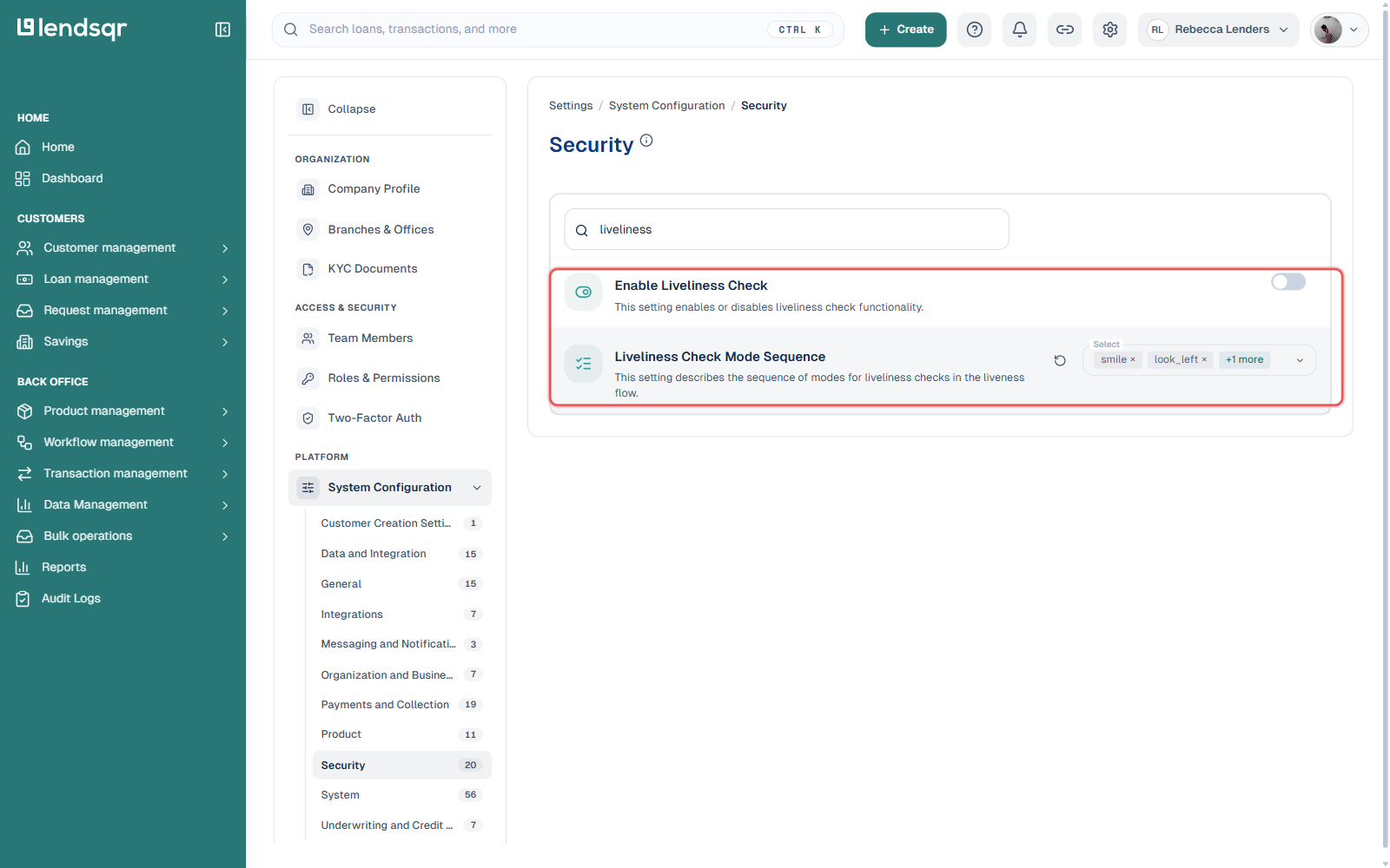 Security settings showing the Enable Liveliness Check toggle and Liveliness Check Mode Sequence selector highlighted