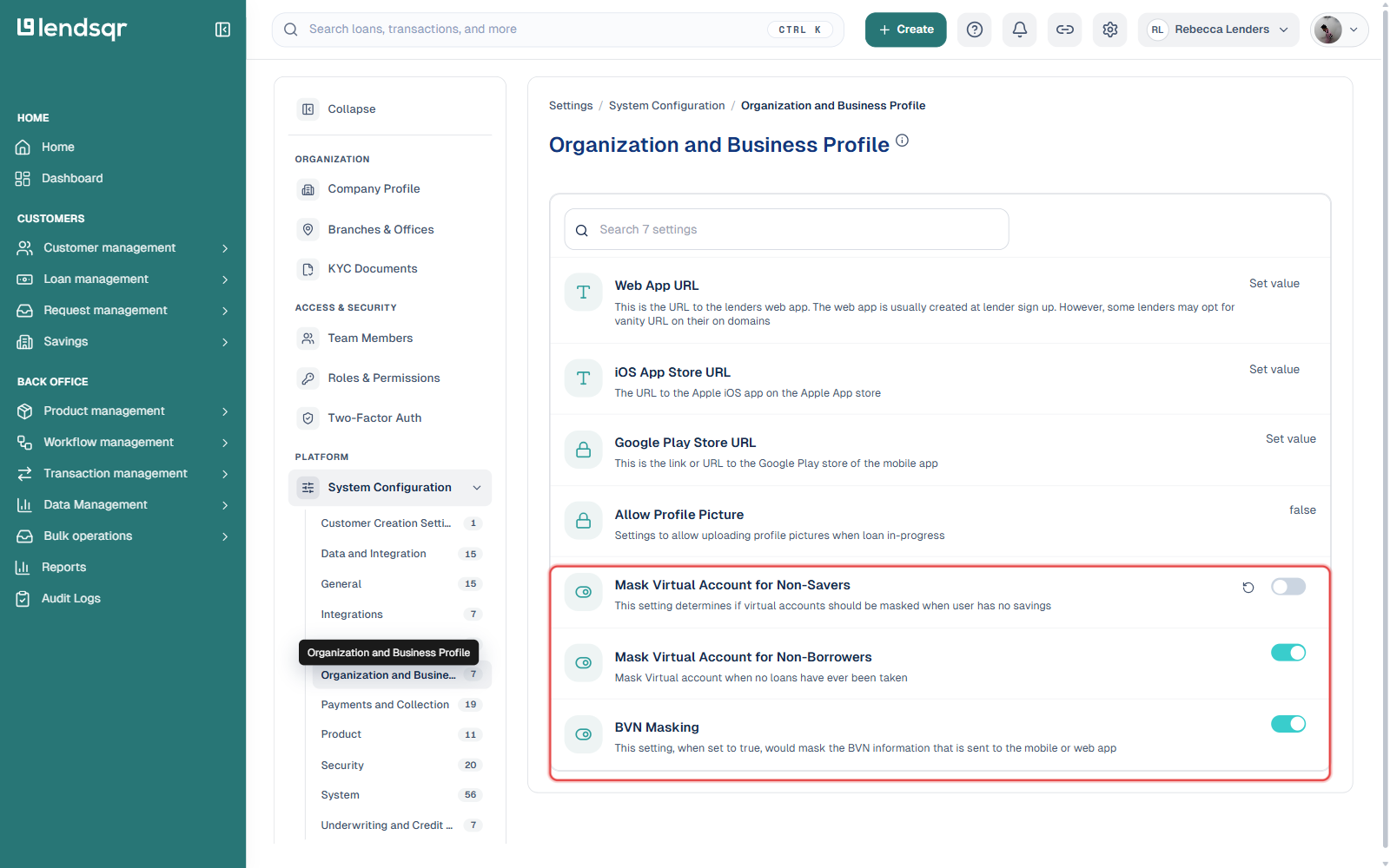 Organization and Business Profile settings showing Mask Virtual Account for Non-Savers, Mask Virtual Account for Non-Borrowers, and BVN Masking toggle switches