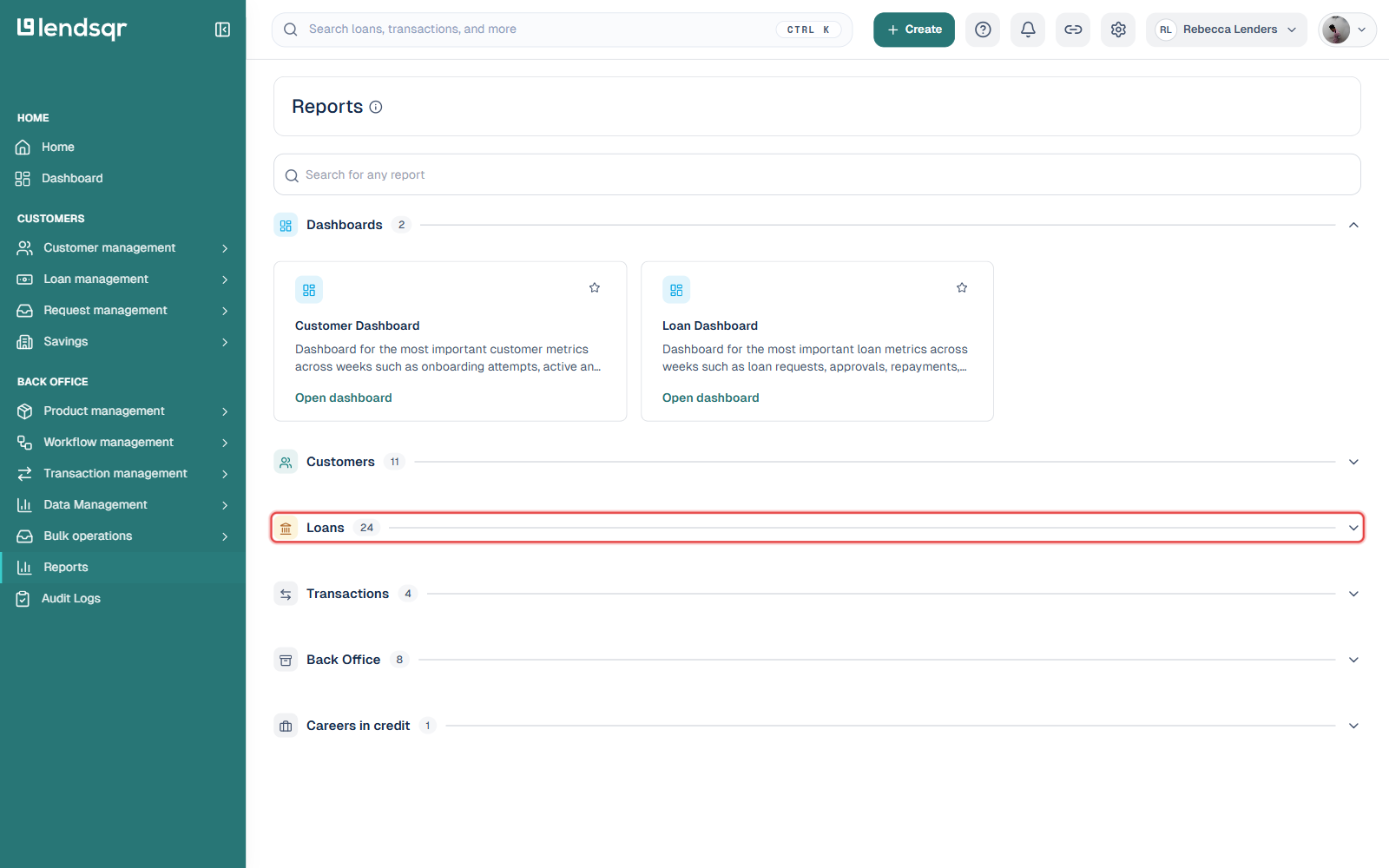 Reports page with the Loans category (24 reports) highlighted
