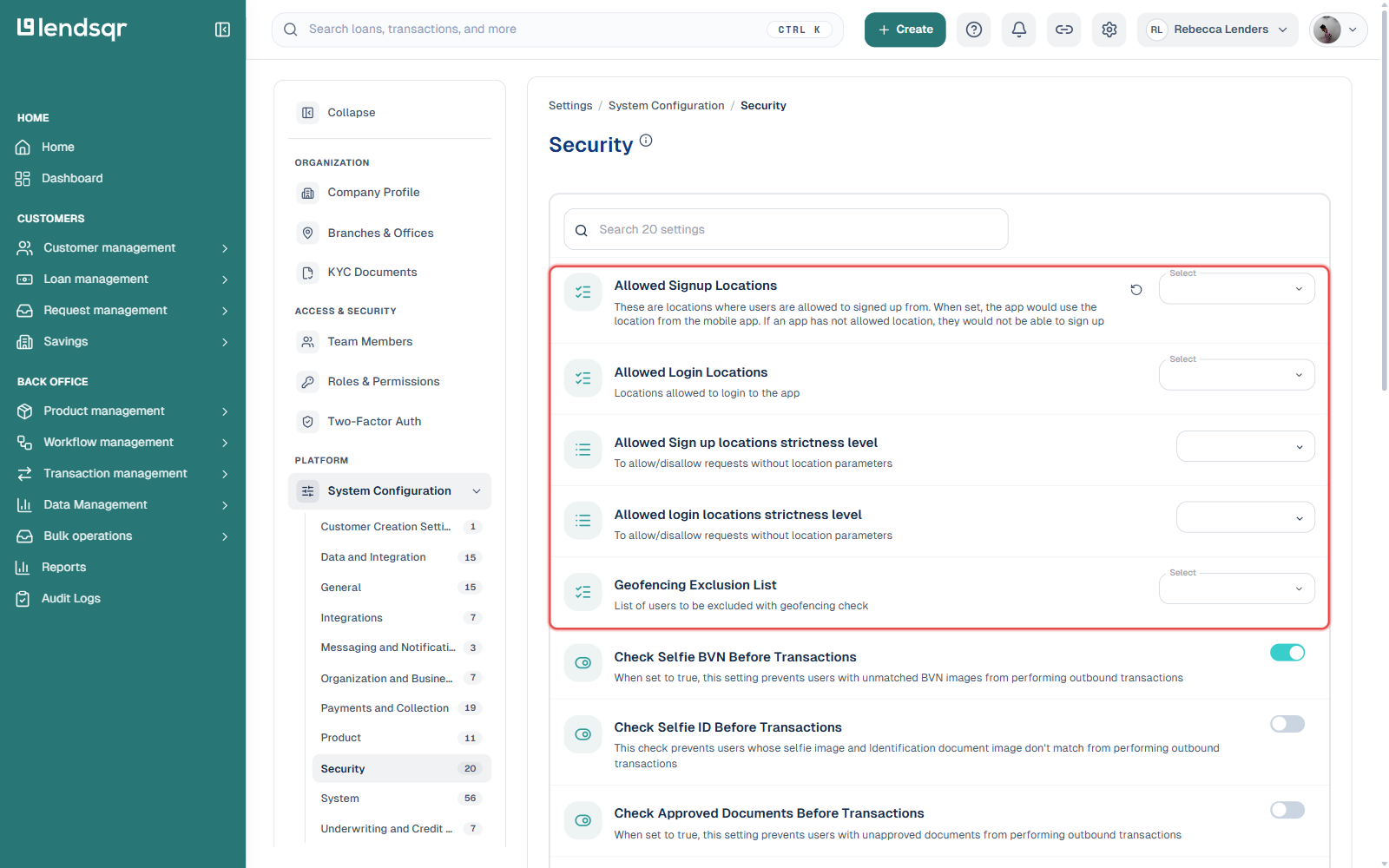 Settings System Configuration Security page with Allowed Signup Locations, Allowed Login Locations, strictness levels, and Geofencing Exclusion List highlighted
