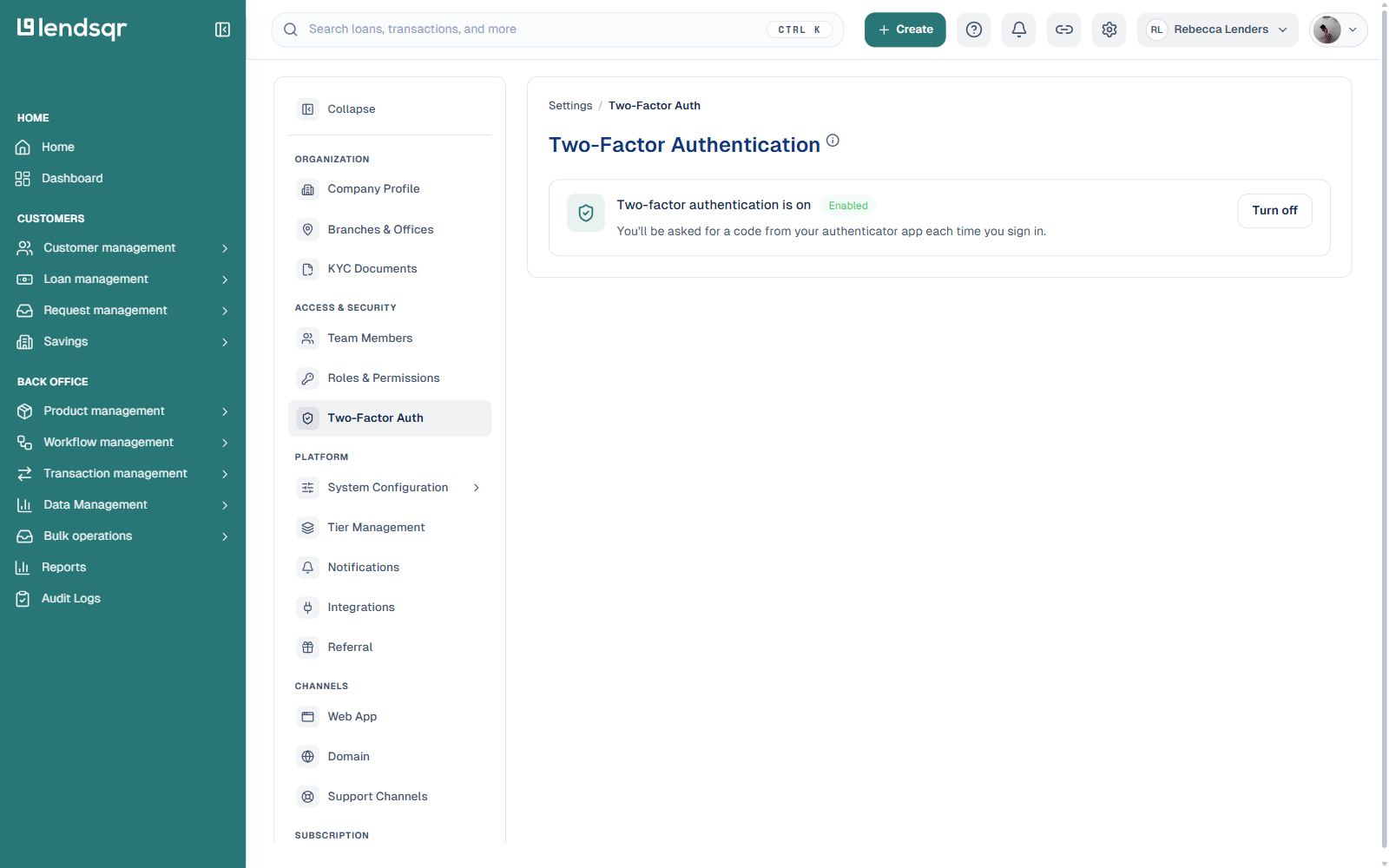 Settings Two-Factor Auth page showing two-factor authentication enabled with a Turn off option