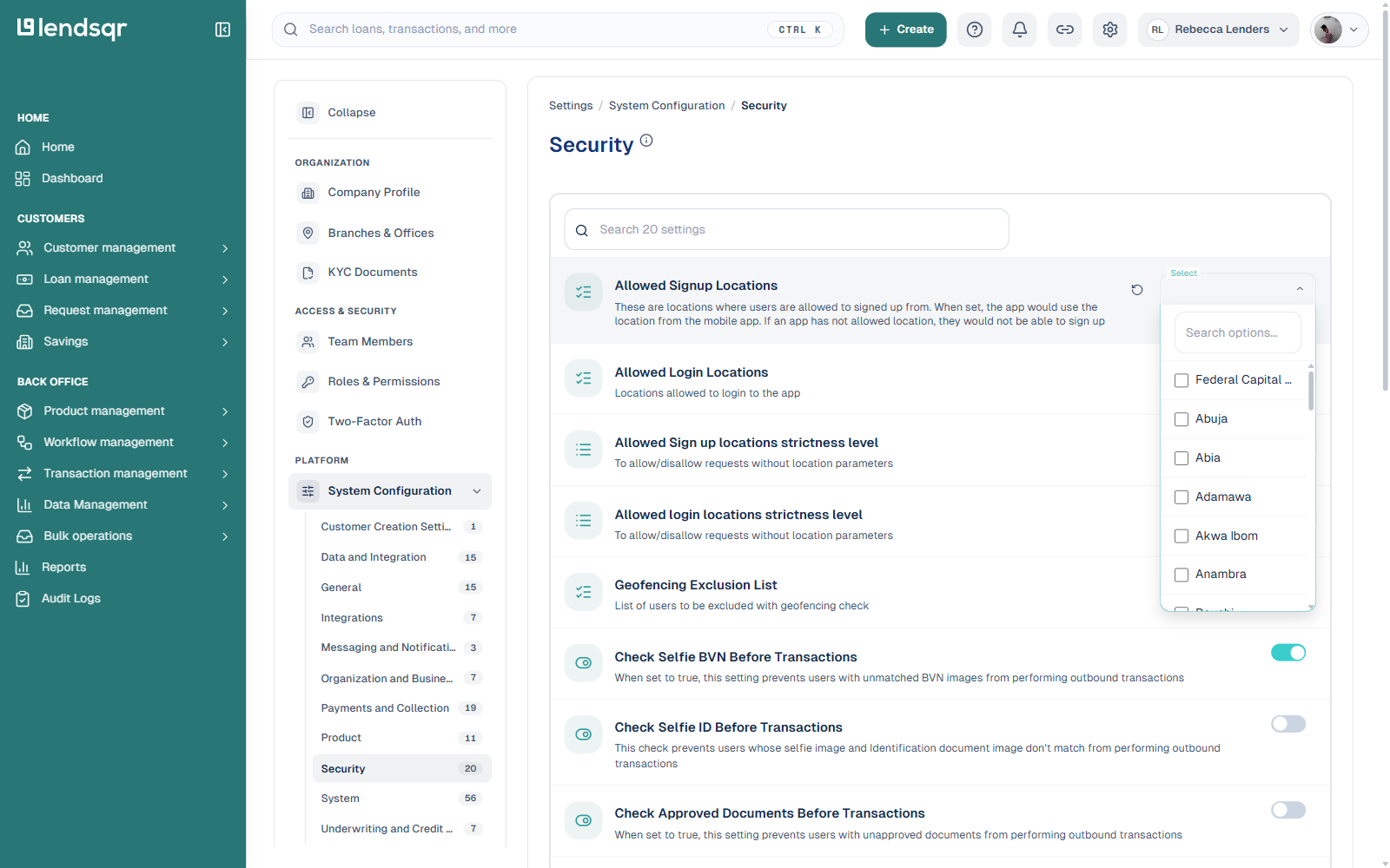 Allowed Signup Locations dropdown showing a checklist of Nigerian states to select
