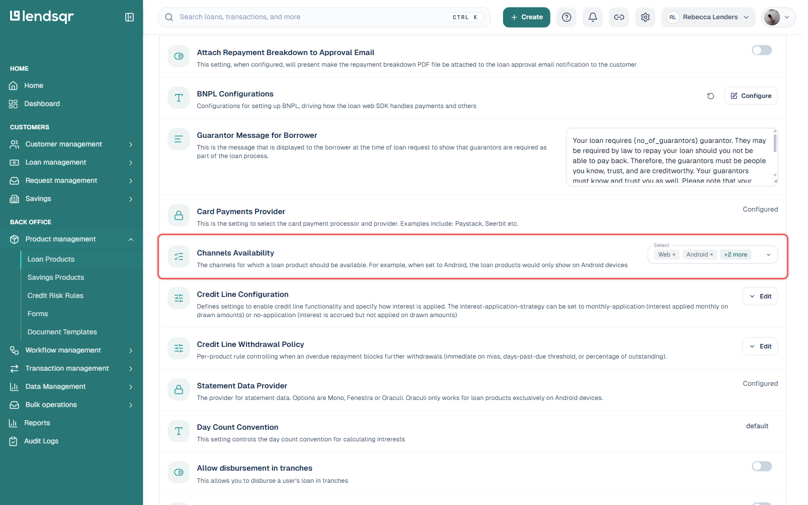 Product settings tab of a loan product with the Channels Availability row highlighted