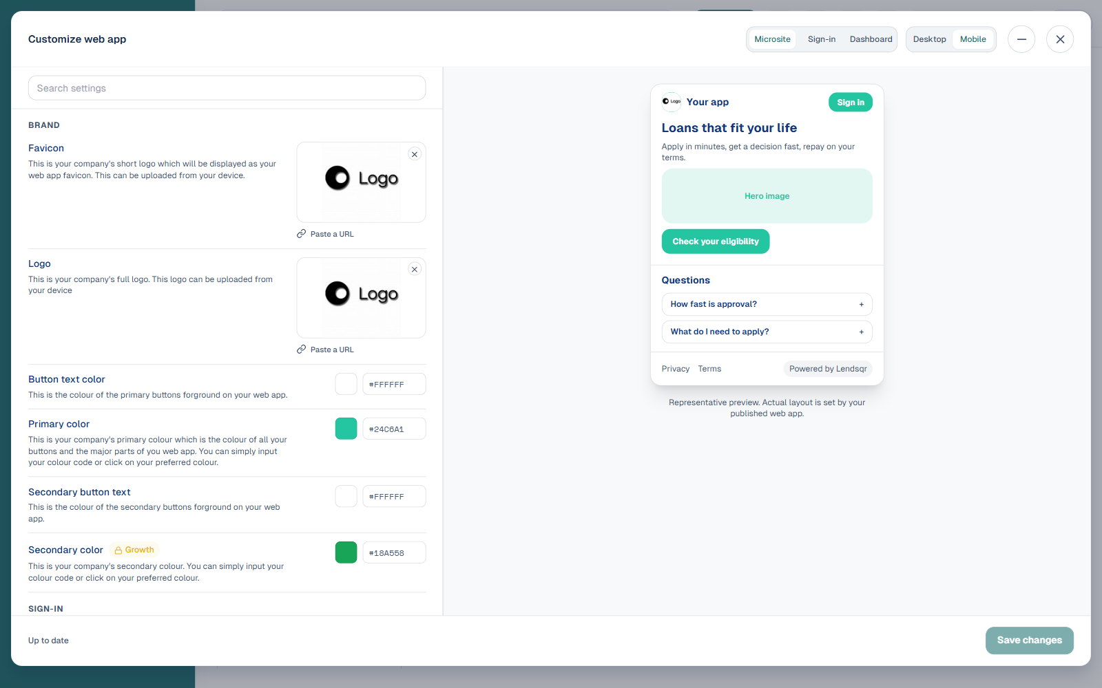 Customize web app settings panel showing favicon, logo, and brand color options with a live preview