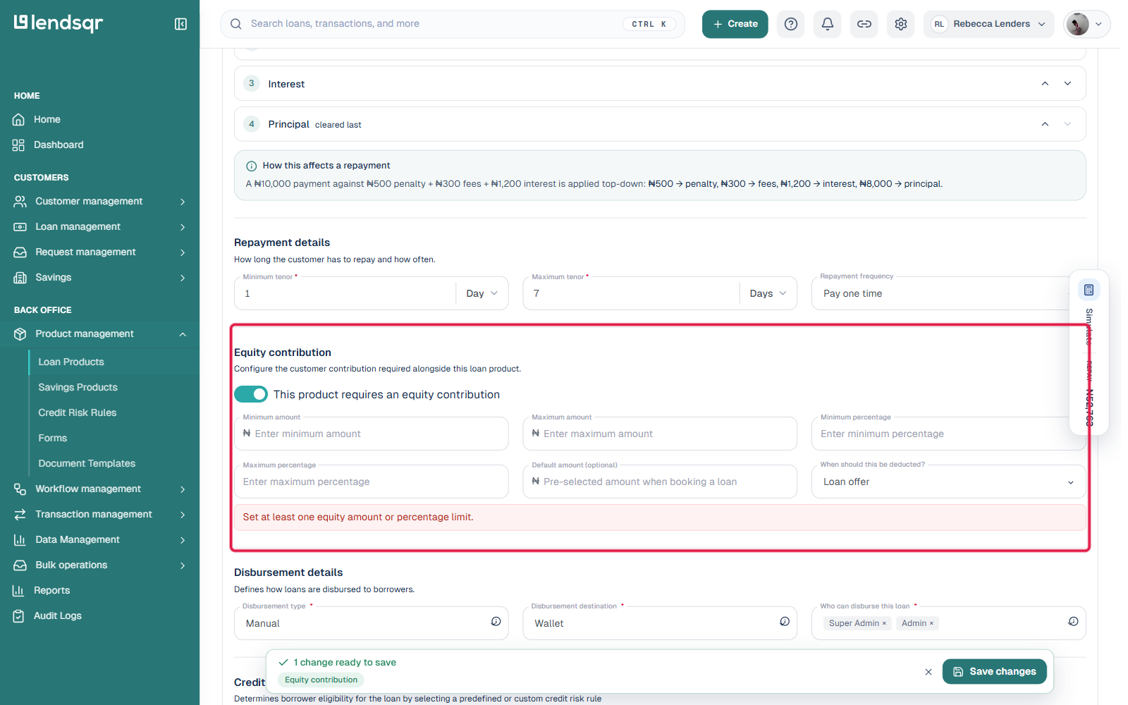 Equity contribution section on the loan product configuration form, with the requirement checkbox and amount, percentage, and deduction-timing fields