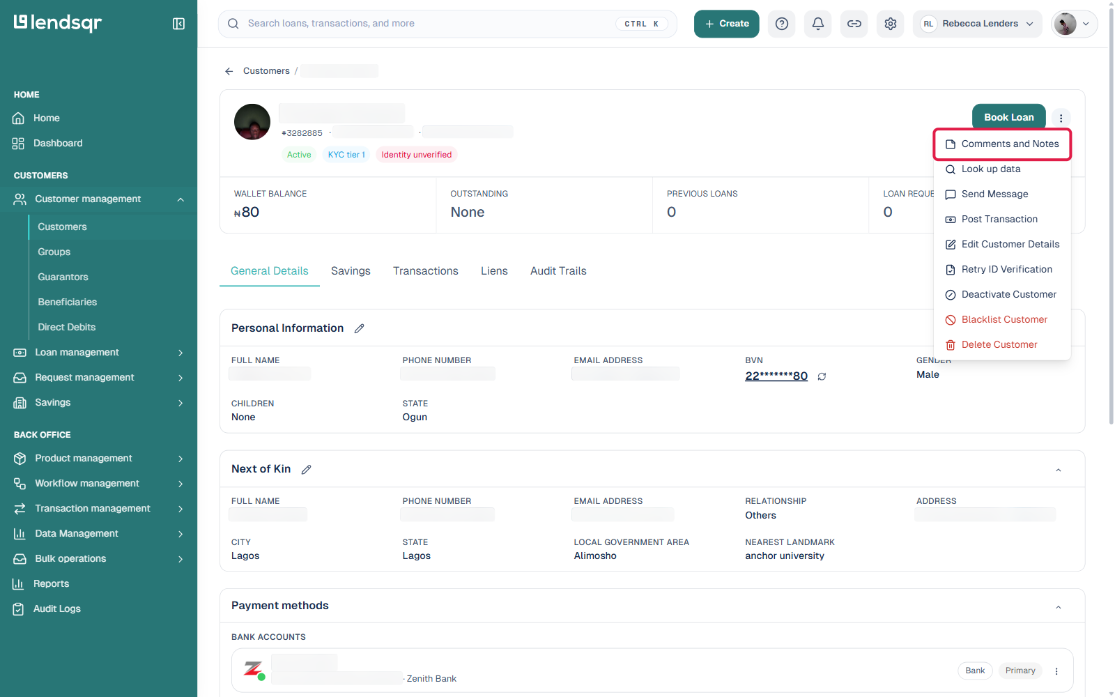 The More actions menu on a customer profile with Comments and Notes highlighted