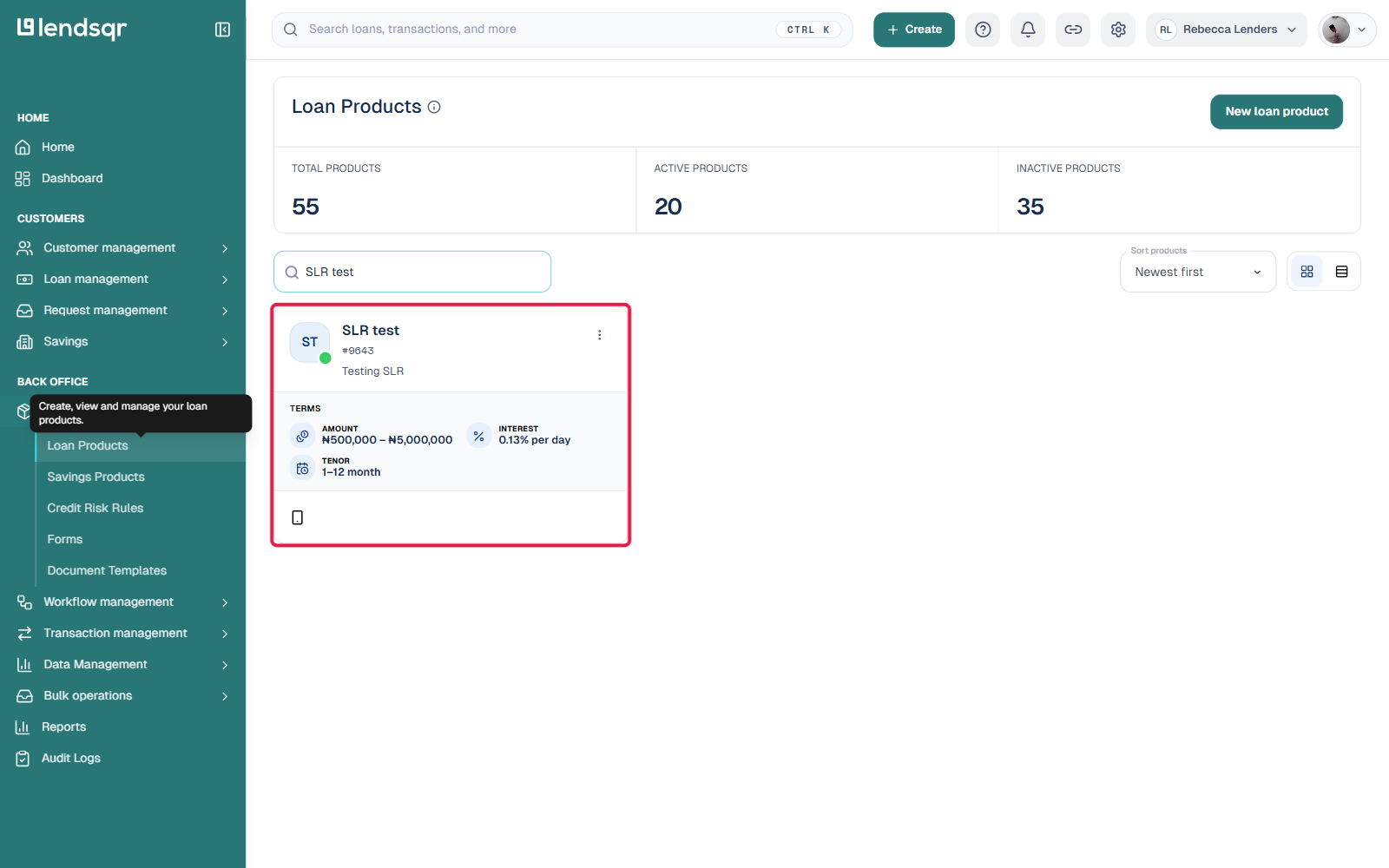 Loan Products list filtered to a product, showing the product card to open