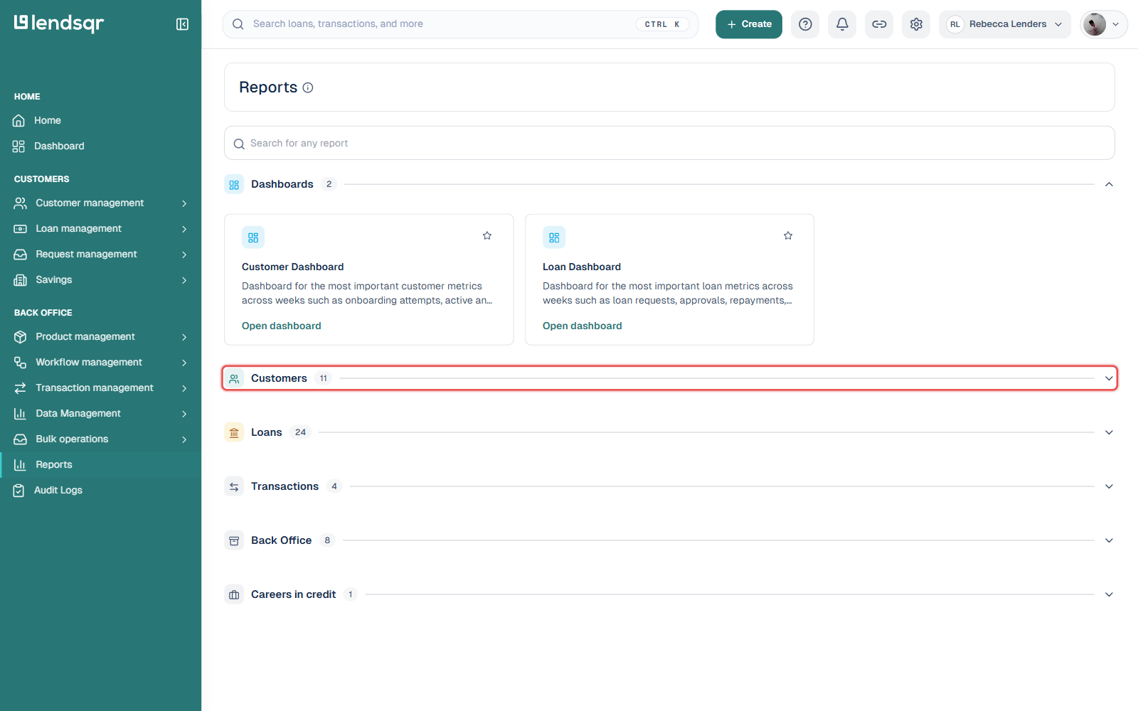 Reports page showing report categories such as Dashboards, Customers, Loans, and Transactions, with the Customers category highlighted