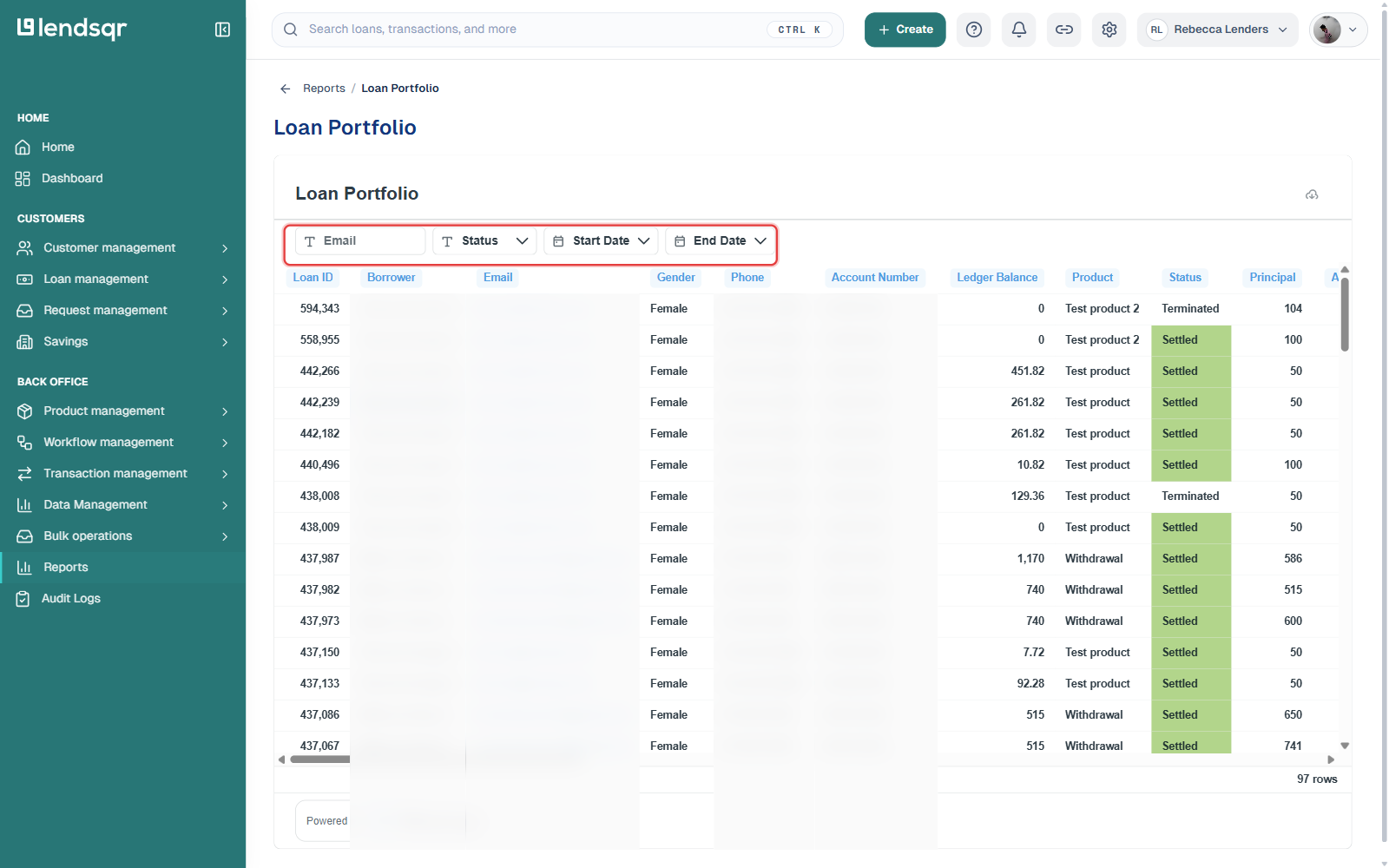 Loan Portfolio report with the Email, Status, Start Date and End Date filters highlighted; borrower name, email, phone and account number columns are blurred