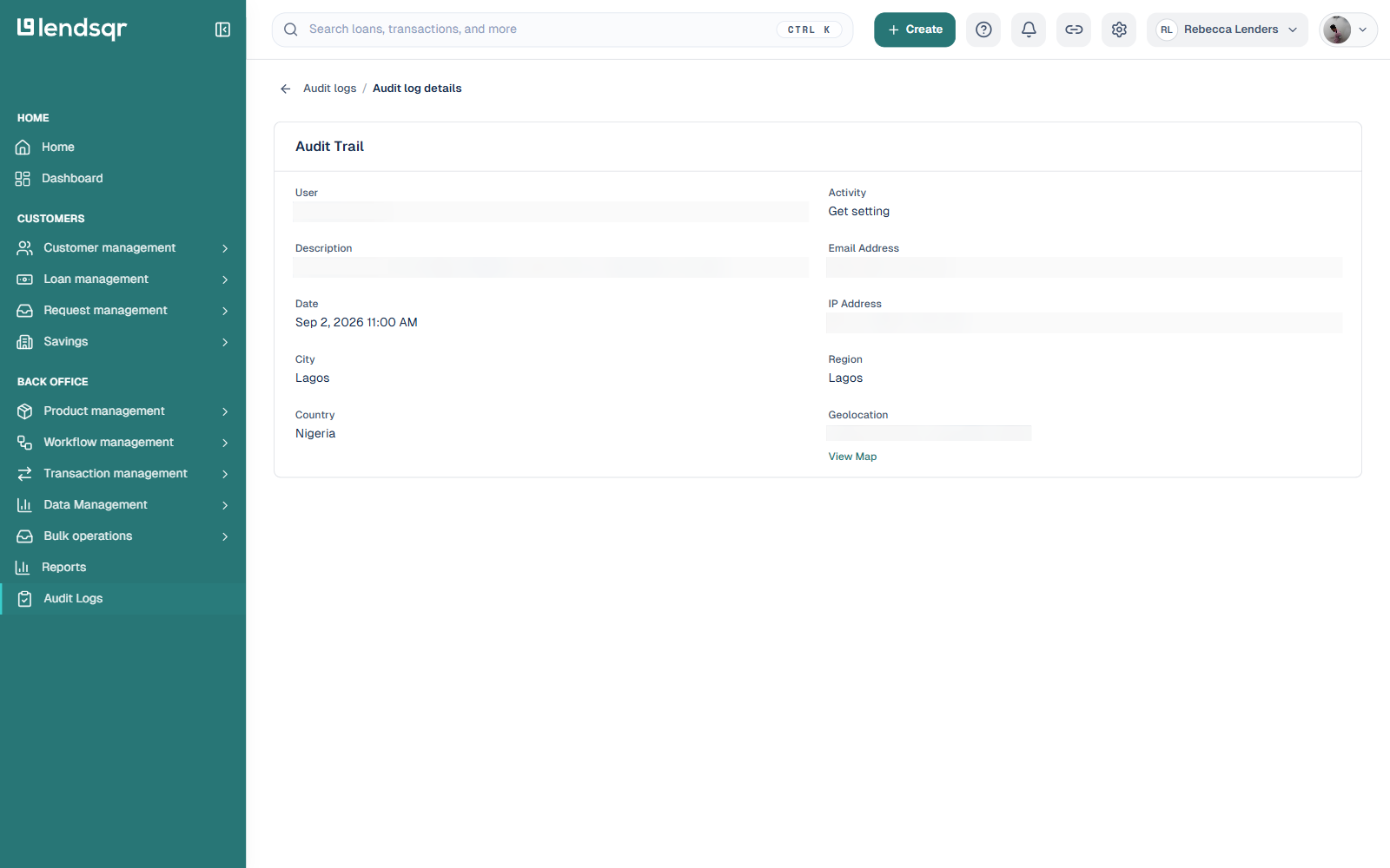 Audit Trail detail page for a single log entry showing activity, description, date, email, IP address, city, region, country, and geolocation