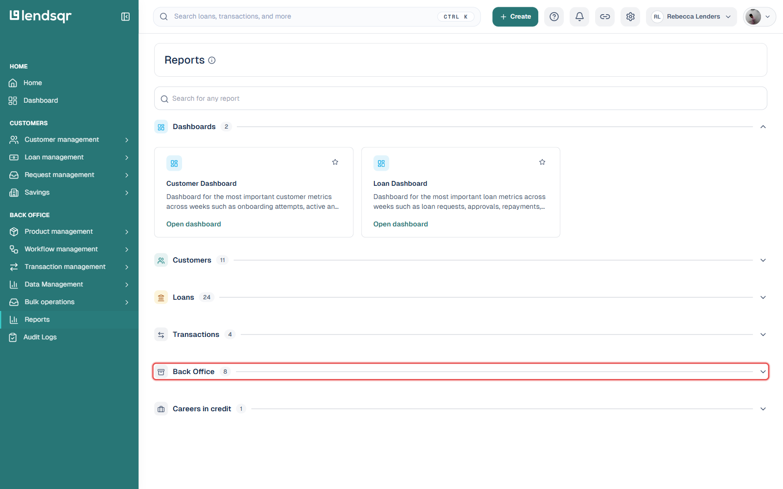 Reports page with the Back Office category (8 reports, includes savings and settlement reports) highlighted