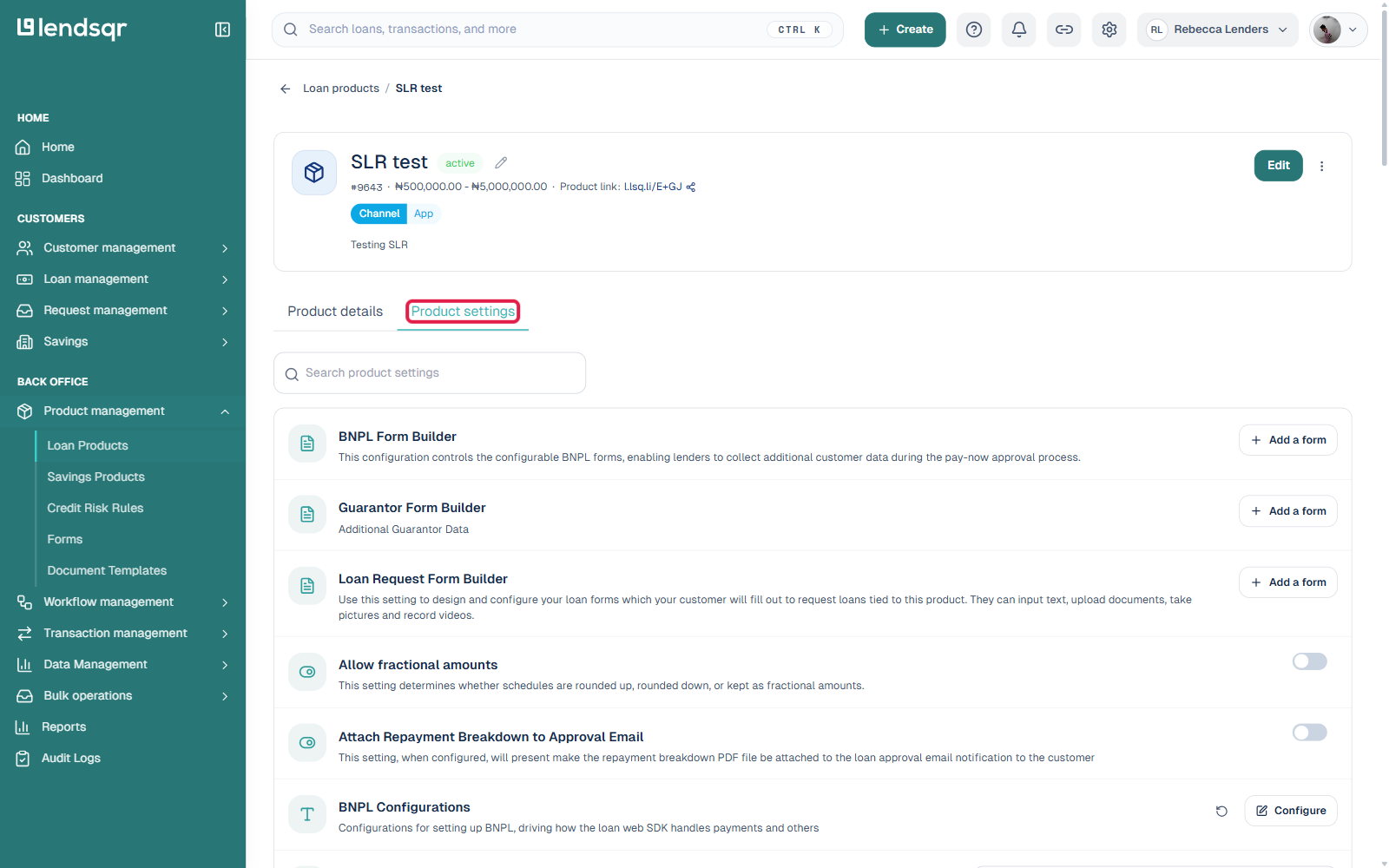 Loan product page with the Product settings tab highlighted, showing the searchable settings list