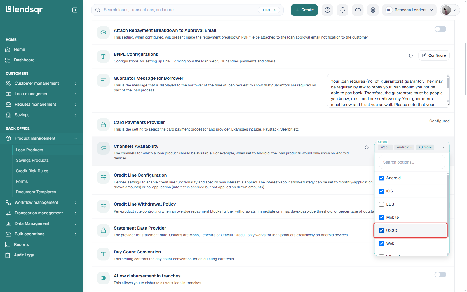 Channels Availability dropdown open with the USSD checkbox checked and highlighted