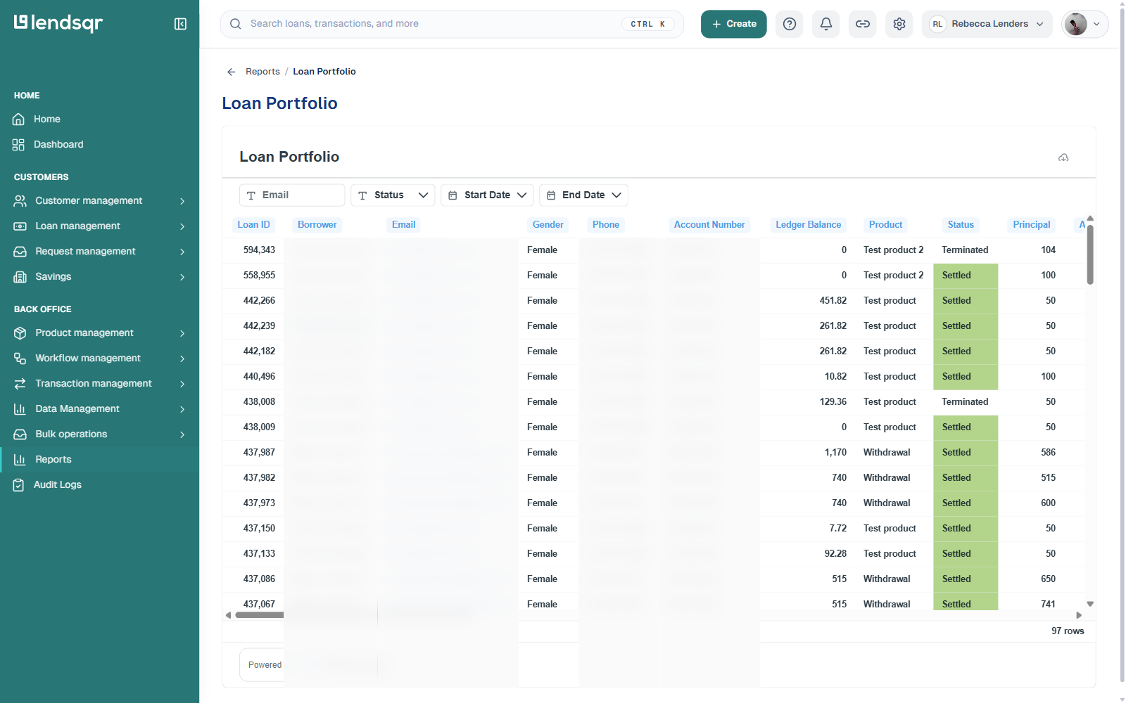 Loan Portfolio report table with borrower name, email, phone and account number columns blurred