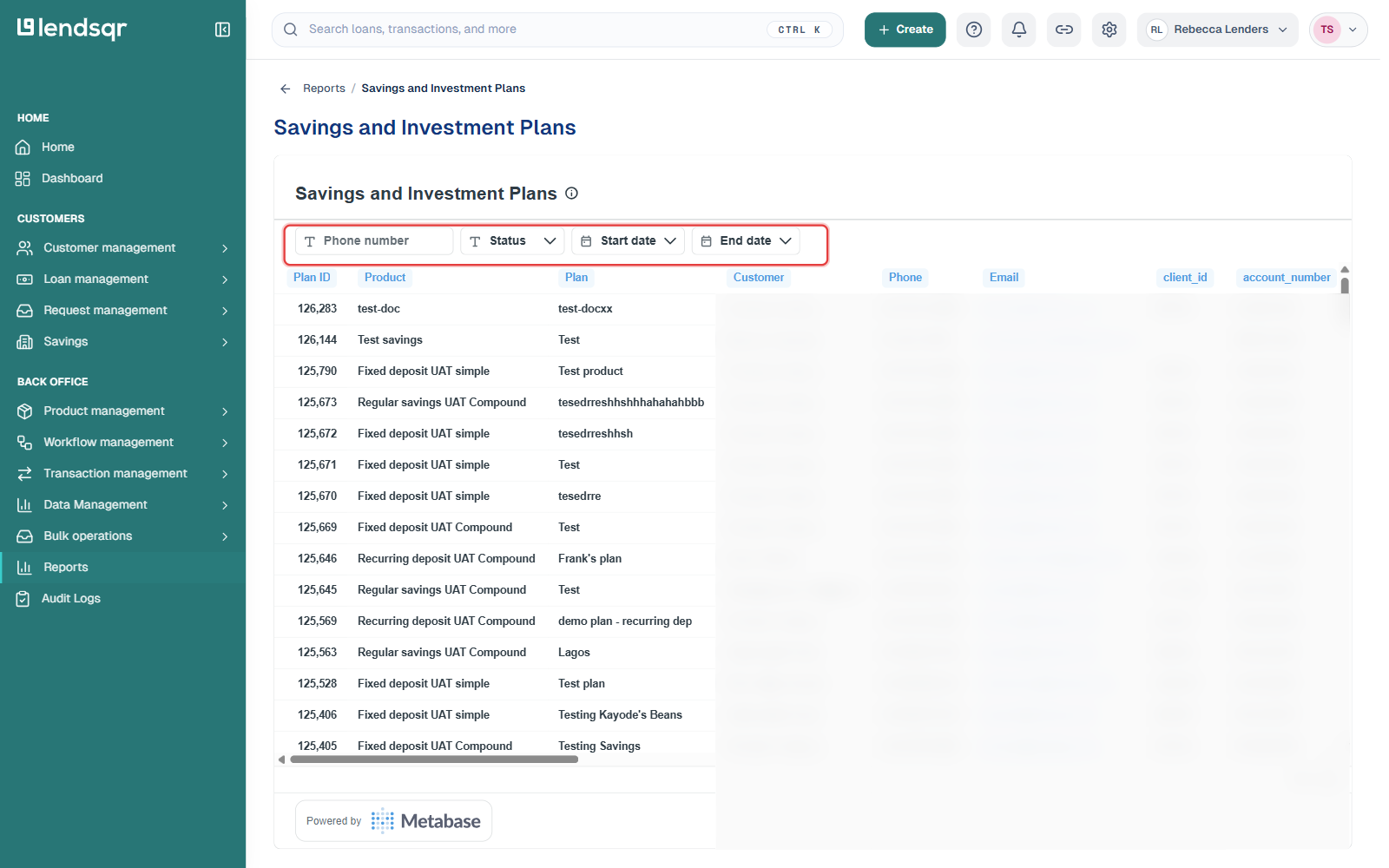 Savings and Investment Plans report with Phone number, Status, Start date and End date filters highlighted; customer name, phone, email, client ID and account number columns are blurred