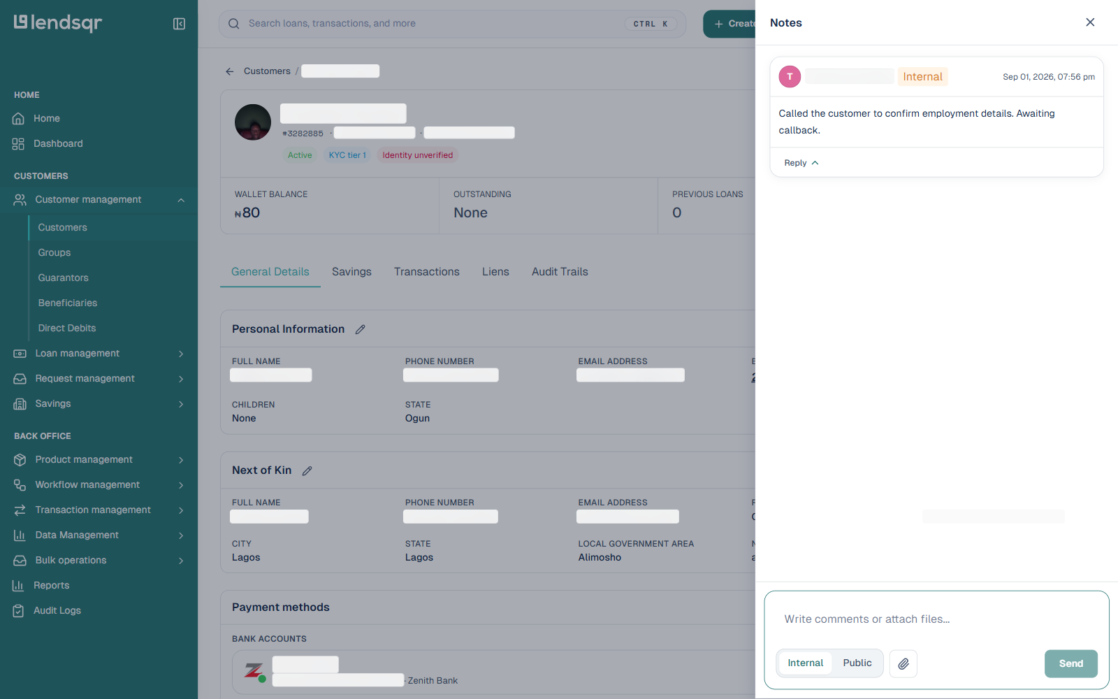 The Notes panel showing a saved note with its Internal visibility tag, timestamp, and a Reply option