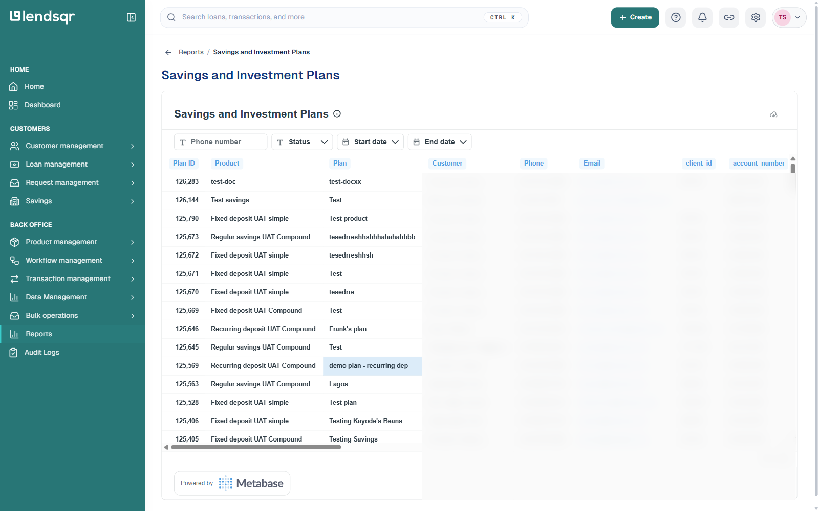 Savings and Investment Plans report table with customer name, phone, email, client ID and account number columns blurred