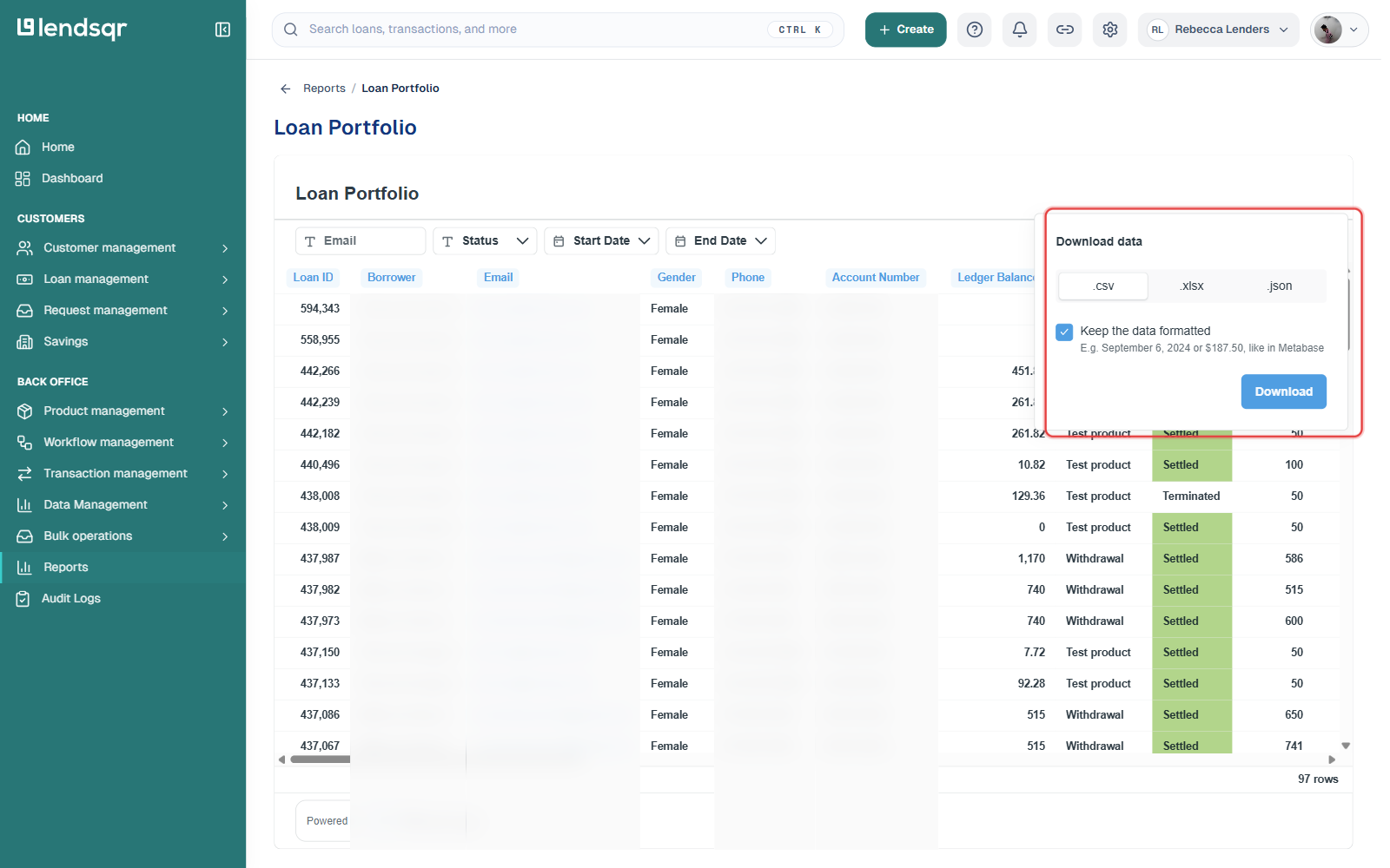 Download data panel with .csv, .xlsx and .json format options highlighted; borrower PII columns in the table behind it are blurred