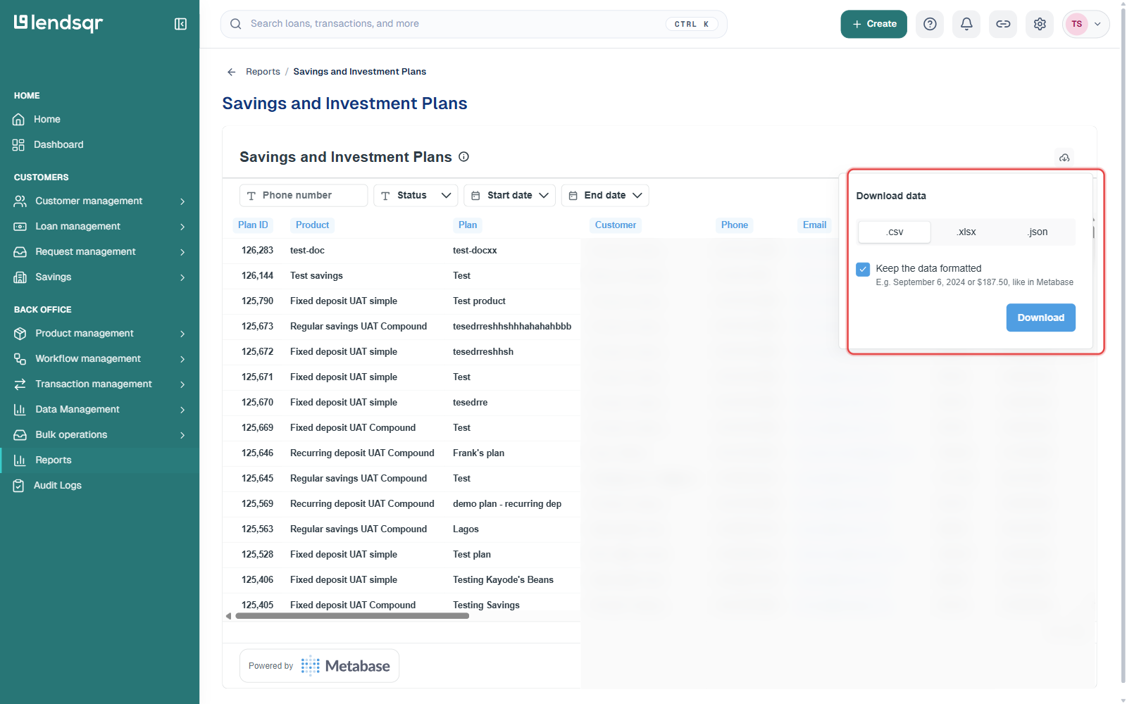 Download data panel with .csv, .xlsx and .json format options highlighted; PII columns in the table behind it are blurred