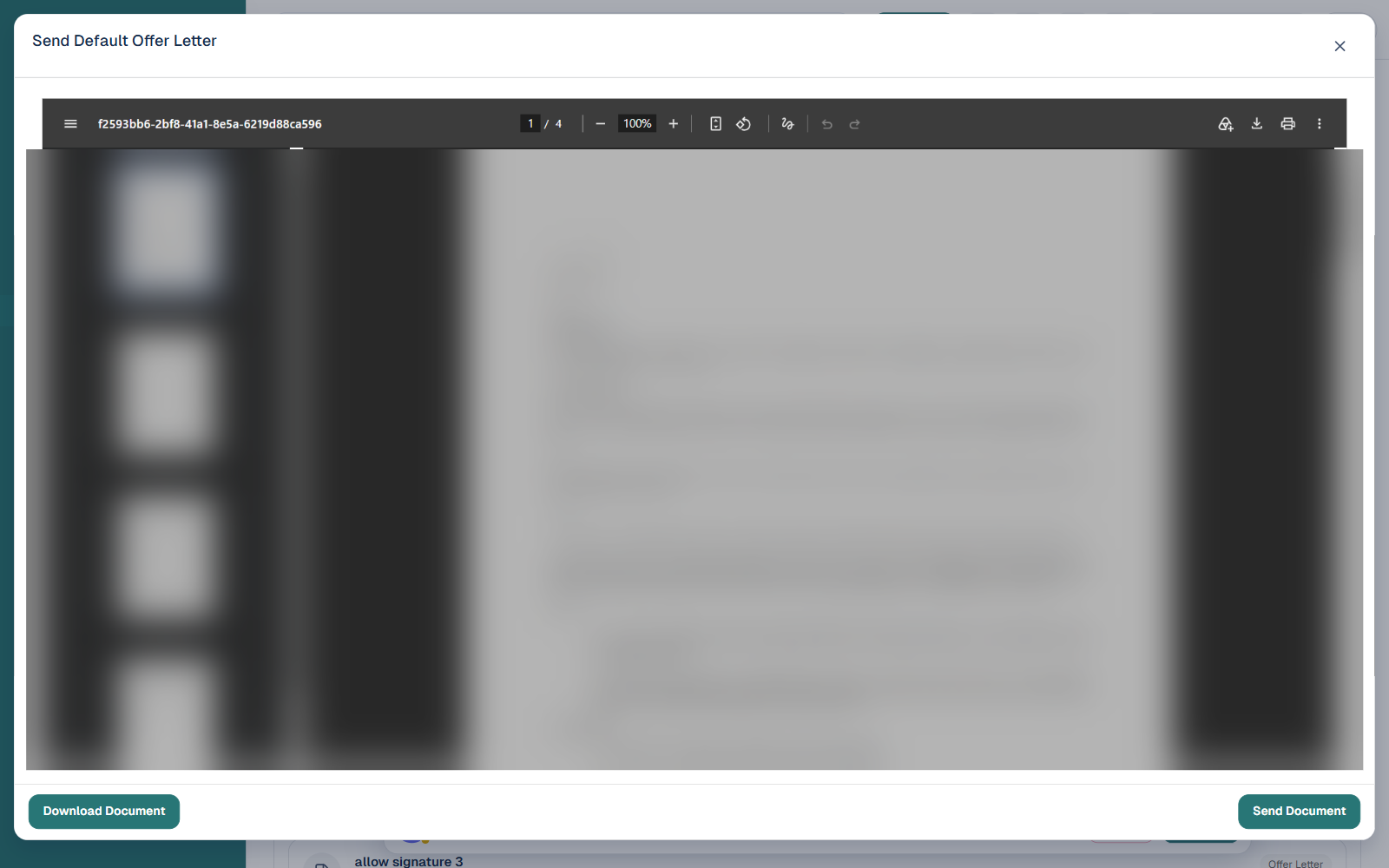 The generated offer letter preview inside the Send Default Offer Letter dialog, with Download Document and Send Document actions; document contents blurred