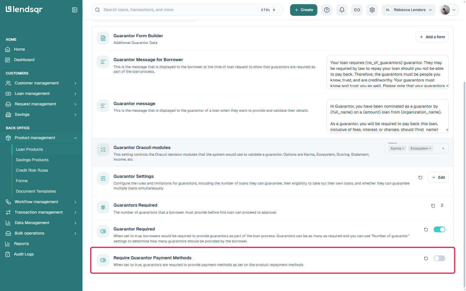 Product settings filtered to Guarantor, with the Require Guarantor Payment Methods toggle highlighted in its off state