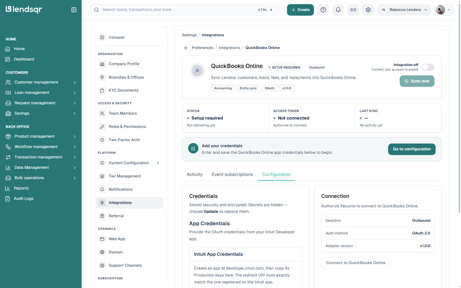 QuickBooks Online integration detail page showing status, credentials form for the Intuit app Client ID and Secret, and the OAuth connection panel