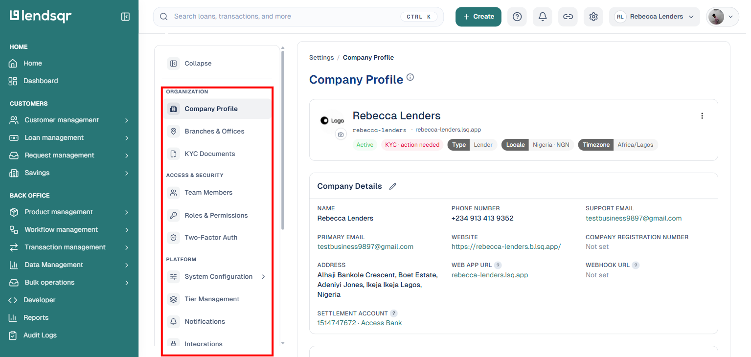 Settings sidebar showing the real top-level groups: Organization, Access and Security, Platform, boxed