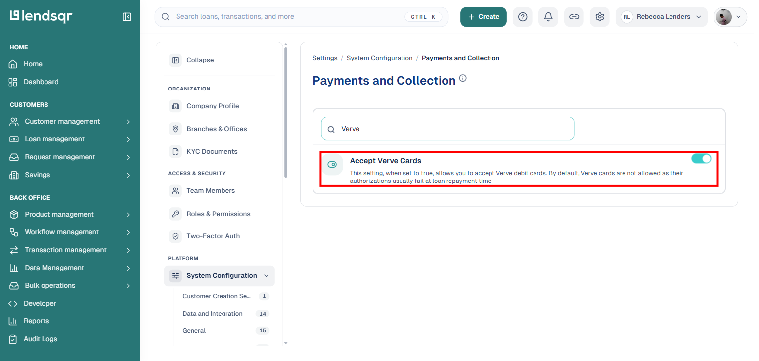 Payments and Collection settings, searched for Verve, showing the Accept Verve Cards toggle, boxed