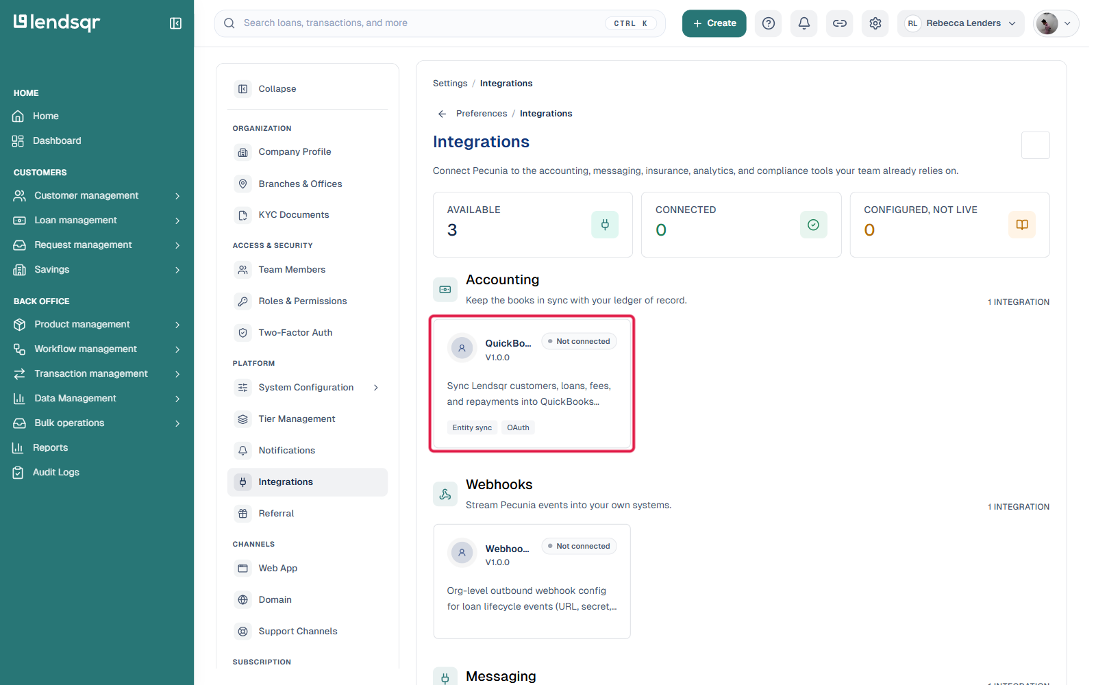 Integrations settings page with the QuickBooks Online accounting integration card highlighted