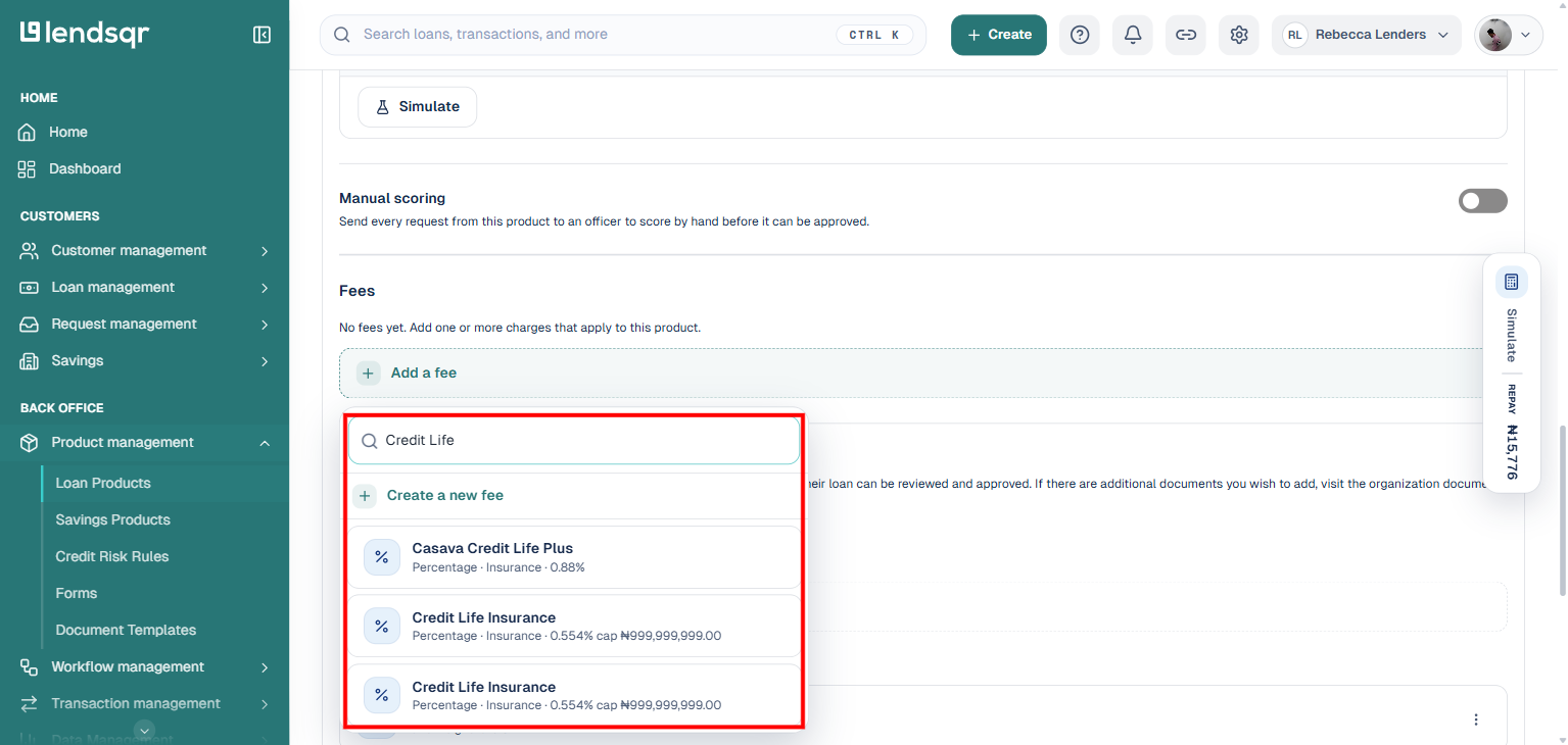 Fees section Add a fee search, showing Credit Life Insurance in the existing fee list, boxed